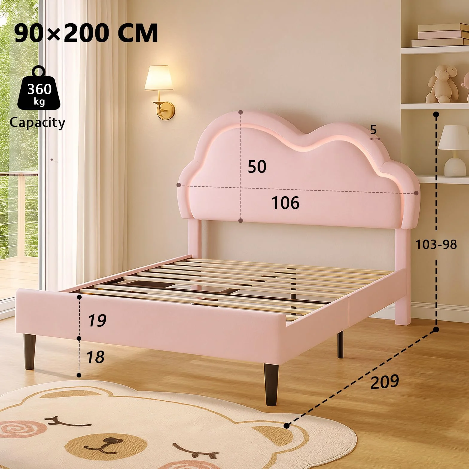 LUXOAK Cadre de lit 90 x 200 cm pour Fille, avec tête de lit en Forme de Nuage réglable, revêtement en Velours, éclairage RGB, Espace de Rangement de 18 cm sous Le lit, sans sommier, Couleur Rose