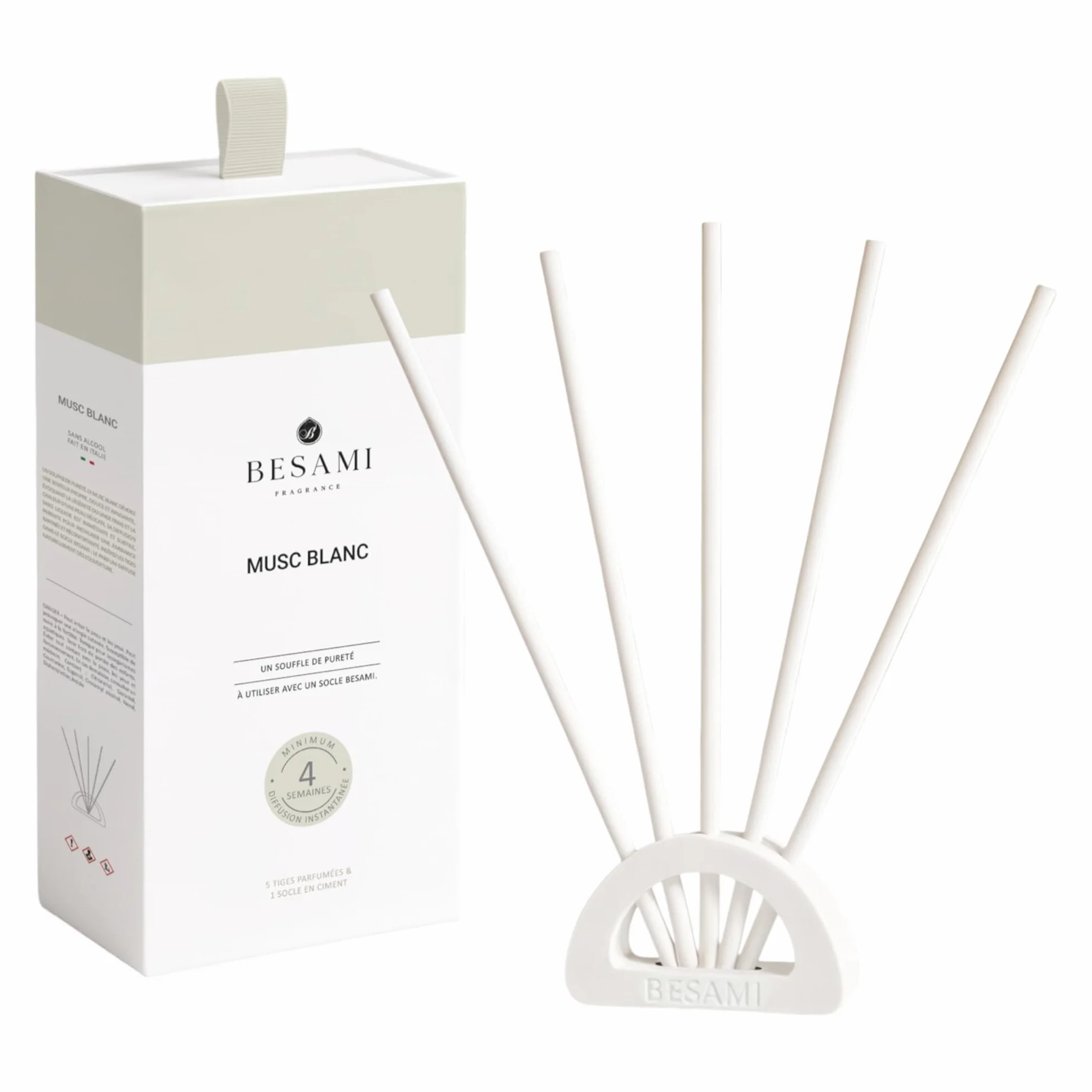BESAMI Diffuseur Parfum Maison Musc Blanc Bâtonnets Solides Sans Huile ni Alcool 4 Semaines Coffret Cadeau