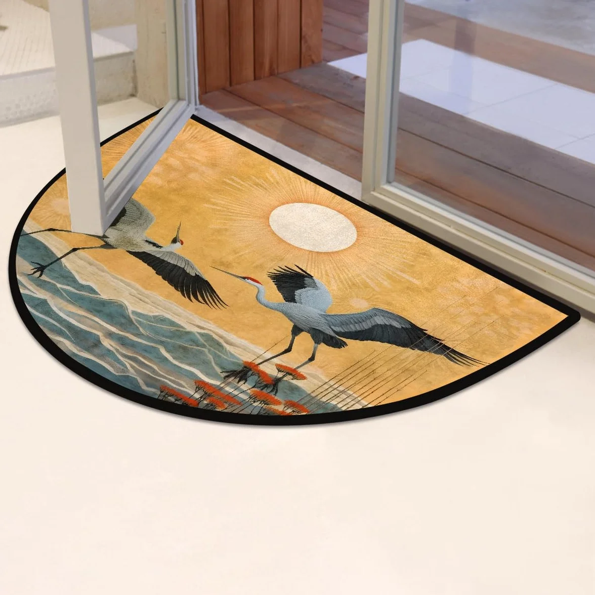 Grand paillasson vintage chinois grue oiseaux demi-lune tapis entrée 91,4 x 61 cm