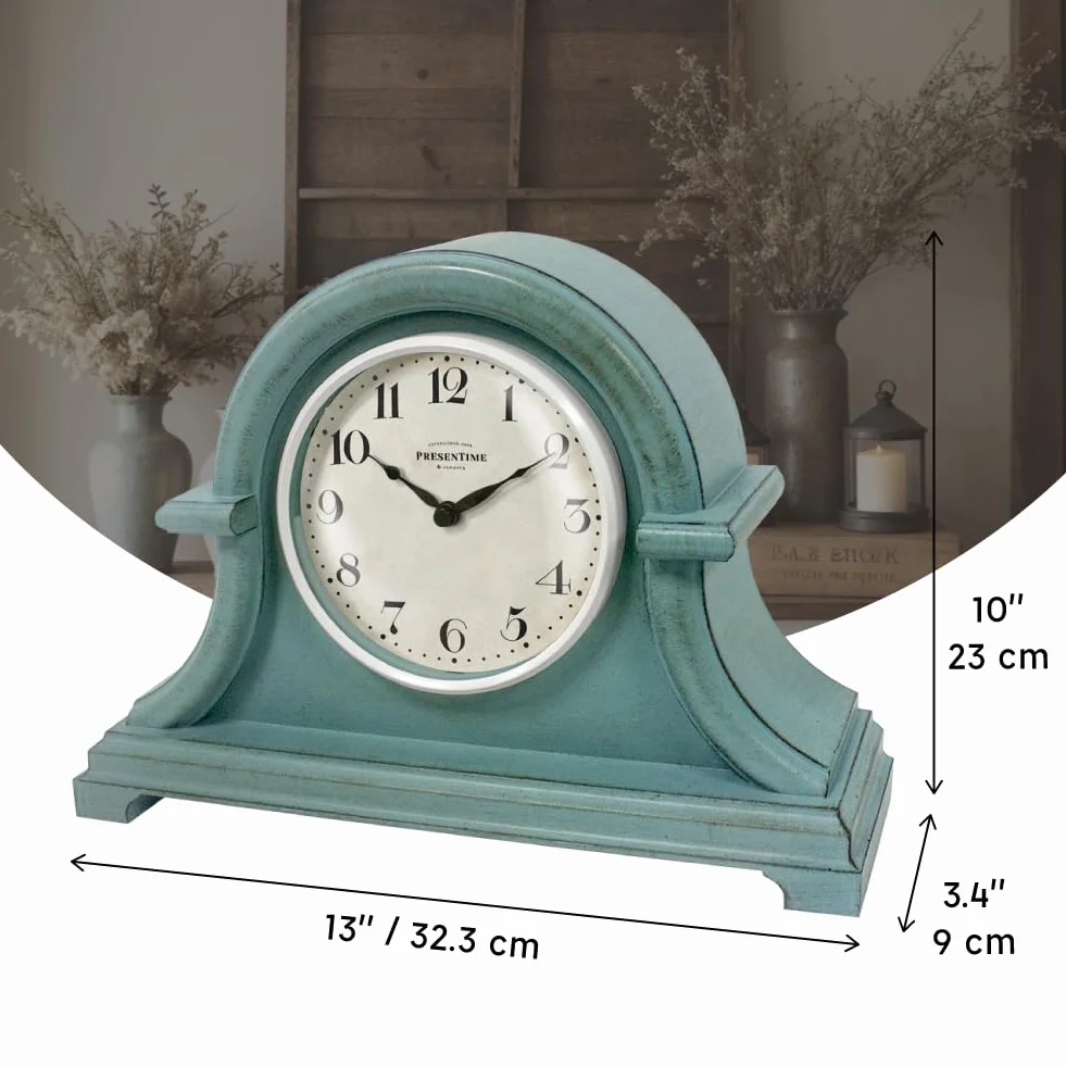 PRESENTIME & Co. Napoléon Horloge de cheminée Vintage Farmhouse 33 x 25 cm vitre bombée Mouvement à Quartz boîtier Plastique ABS Bleu Sarcelle Ancien