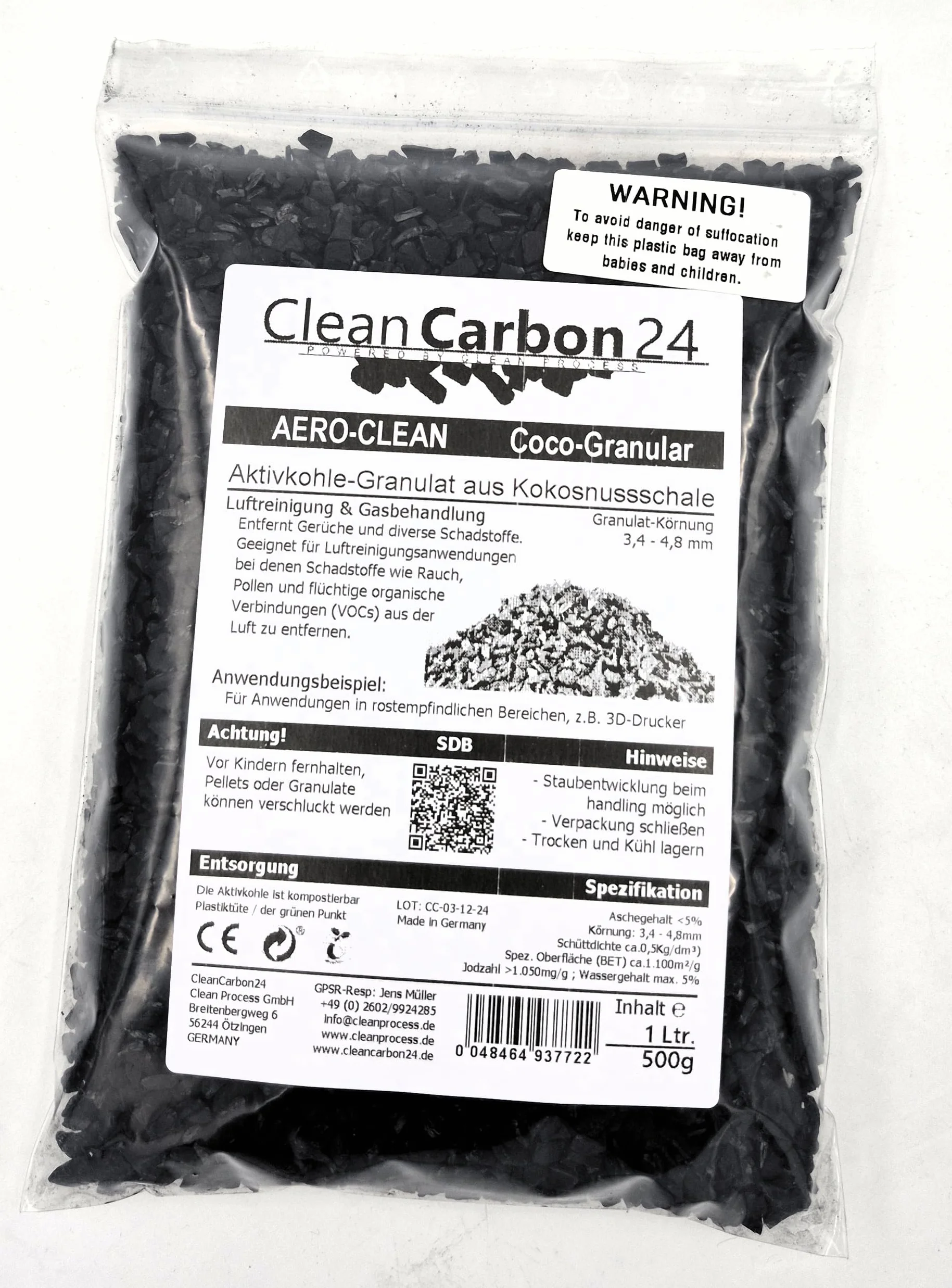 5 litres de charbon actif en coques de noix de coco pour la purification de l'air (3,4-4,8mm / 4x6mesh)
