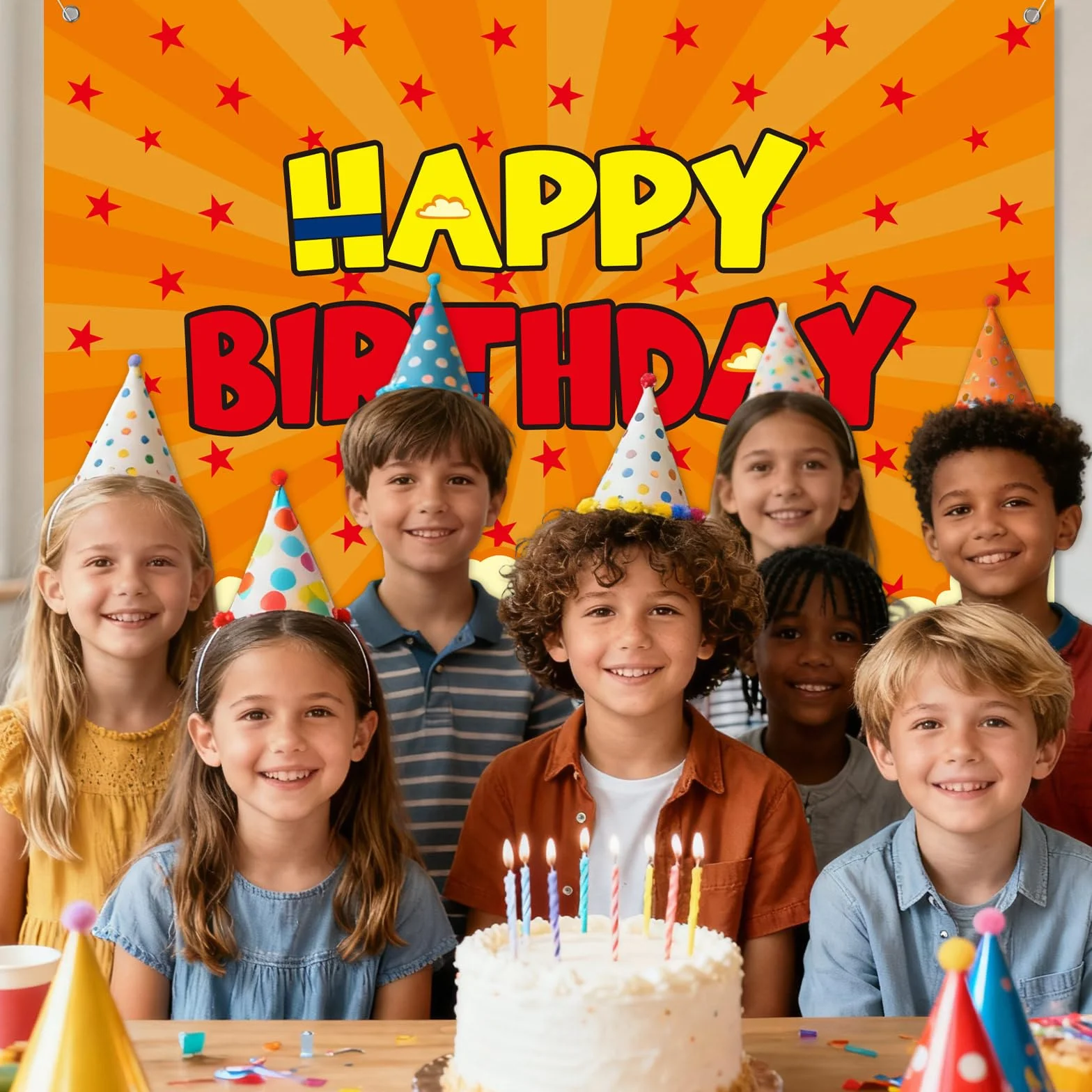 SAVITA Anime Birthday Banner 152x100cm Étoiles Jaunes et Rouges Décoration Photo Fête Garçons Enfants