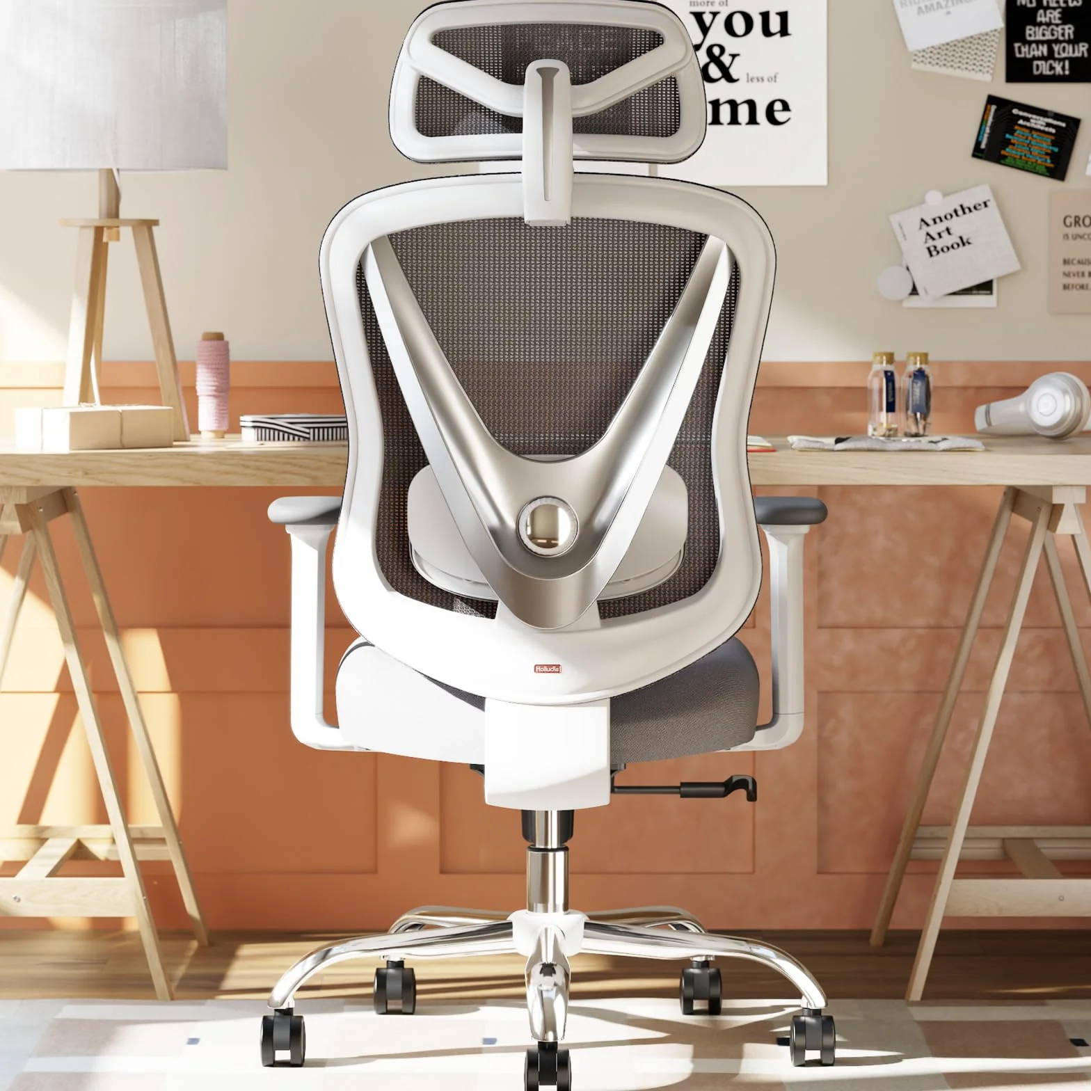 HOLLUDLE Chaise de Bureau Ergonomique Support Lombaire 3D Accoudoirs 3D Réglables Design en V dos Fauteuil Bureau Confortable Blanc