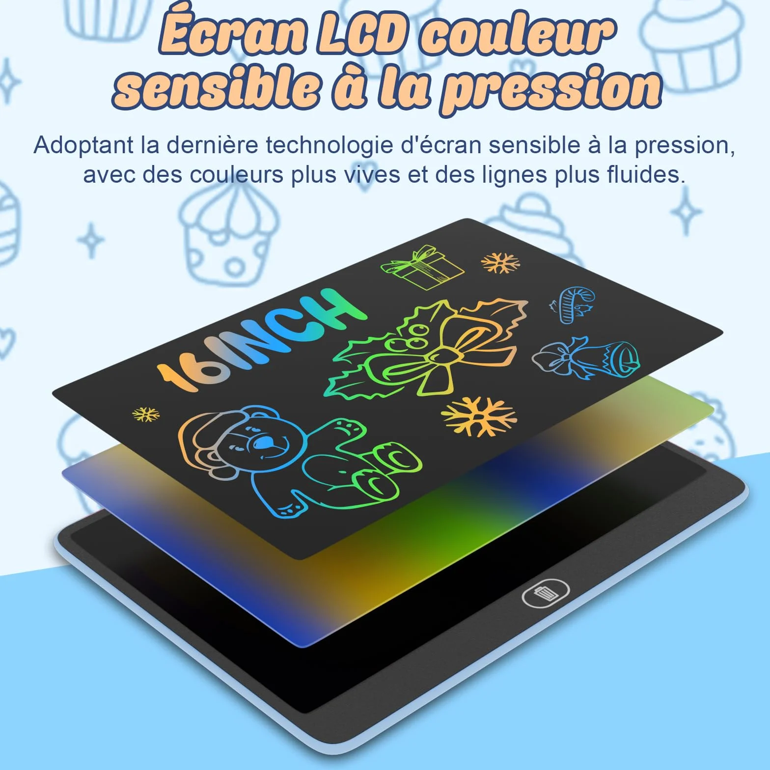 Electight Tablette d'écriture LCD Colorée 16 Pouces, Tablette Graphique Enfants, Jouet Éducatif - Bleu