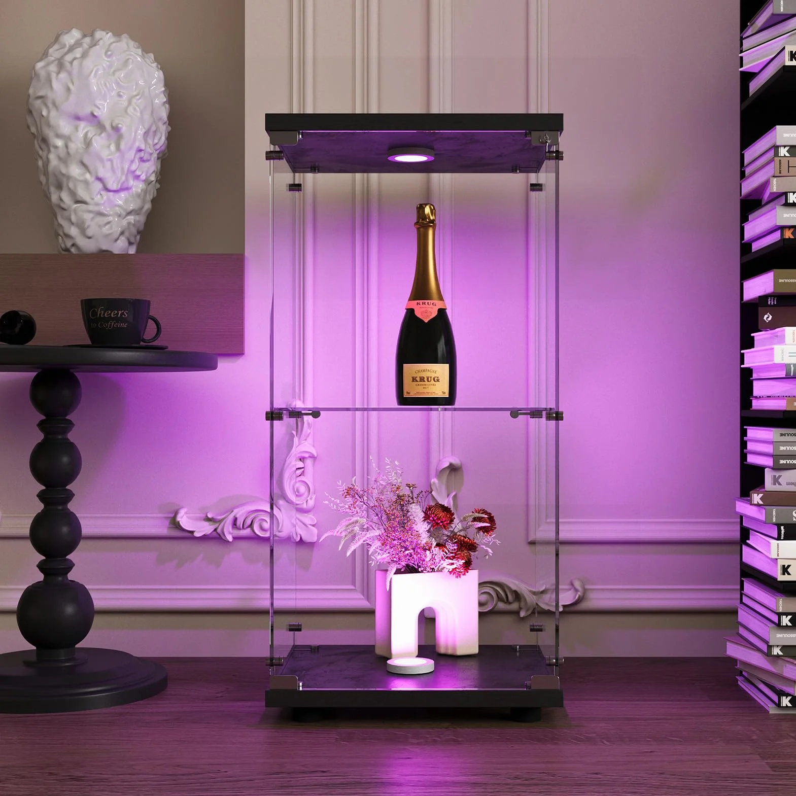Vitrines, vitrines en Verre, armoires de Rangement Verticales en Verre,Vitrine Verre avec LED,adaptées aux Salons, Chambres, Bureaux (Noir, 2 étages),88x43x37cm