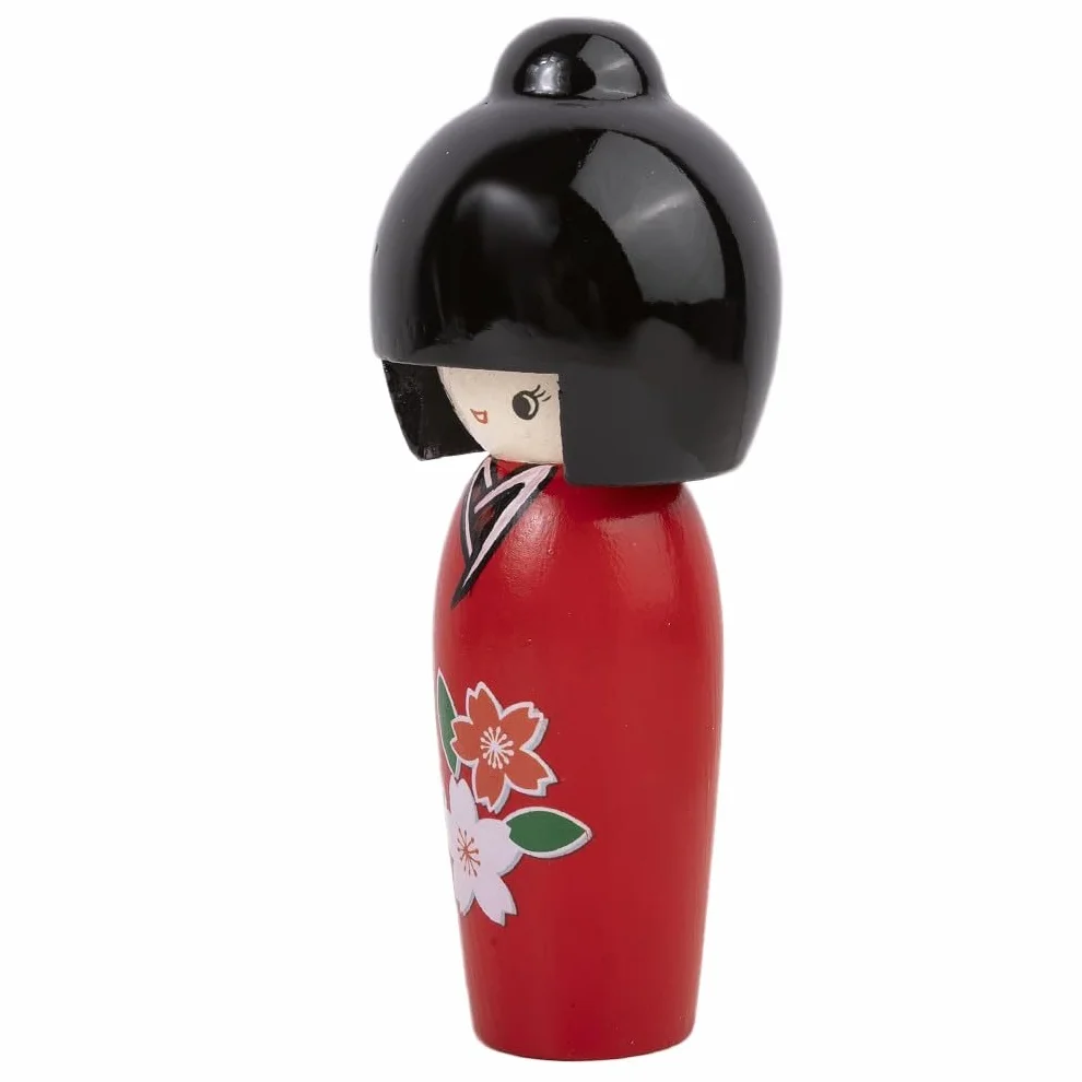 Kokeshi Japonaise Sérénité Rouge 14,5 cm - Poupée Japonaise en Bois, Kimono Fleurs de Cerisier - Figurine Déco Japonaise Traditionnelle