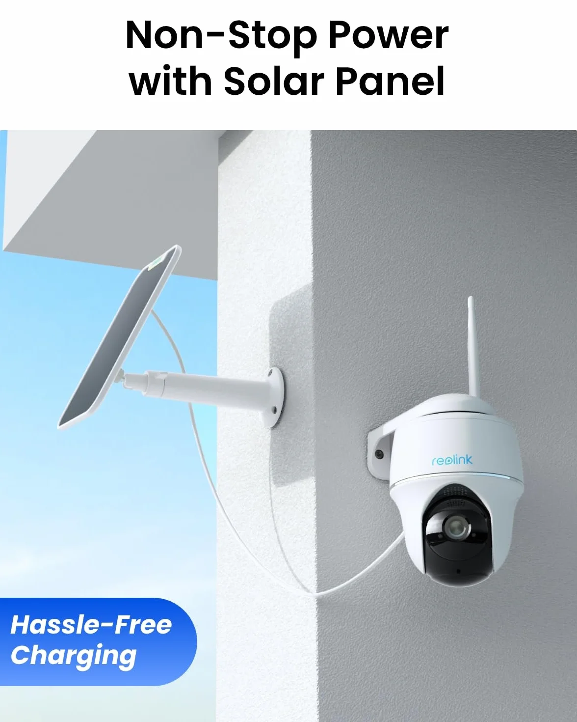 Reolink Kamera Do Monitoringu Zewnętrznego 2K z Baterią Słoneczną, Wi-Fi 2,4/5 GHz, Kamera z Funkcją Obrotu/Pochylenia 355°/140°, Detekcja Osób/Pojazdów, Argus PT Plus z Panelem Słonecznym