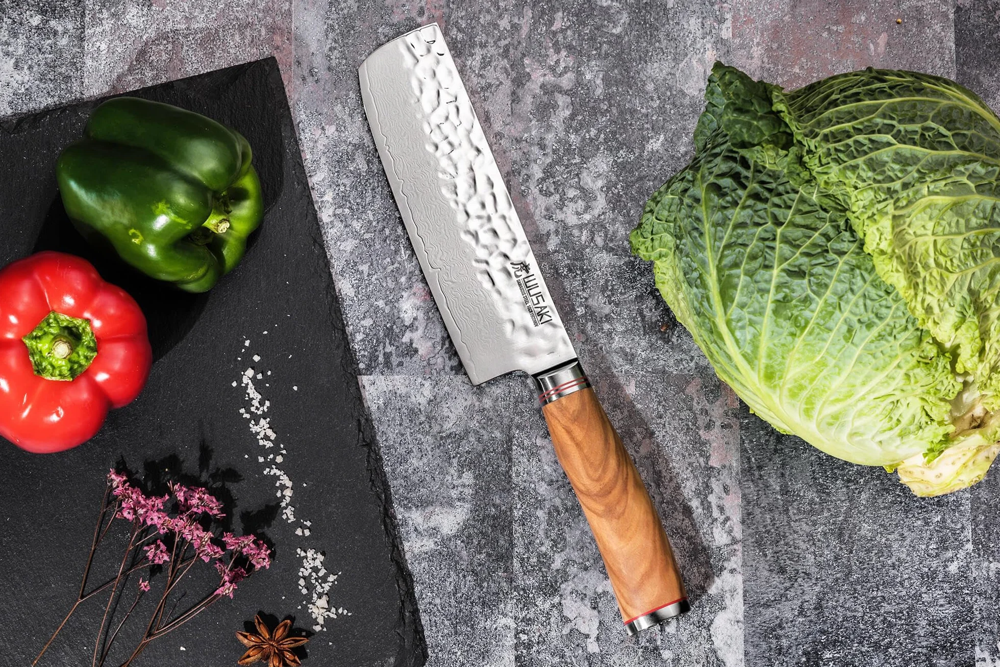 Wusaki Couteau Nakiri 17cm en Damas 10Cr Manche Olivier Design Japonais - Vendu dans un coffret cadeau