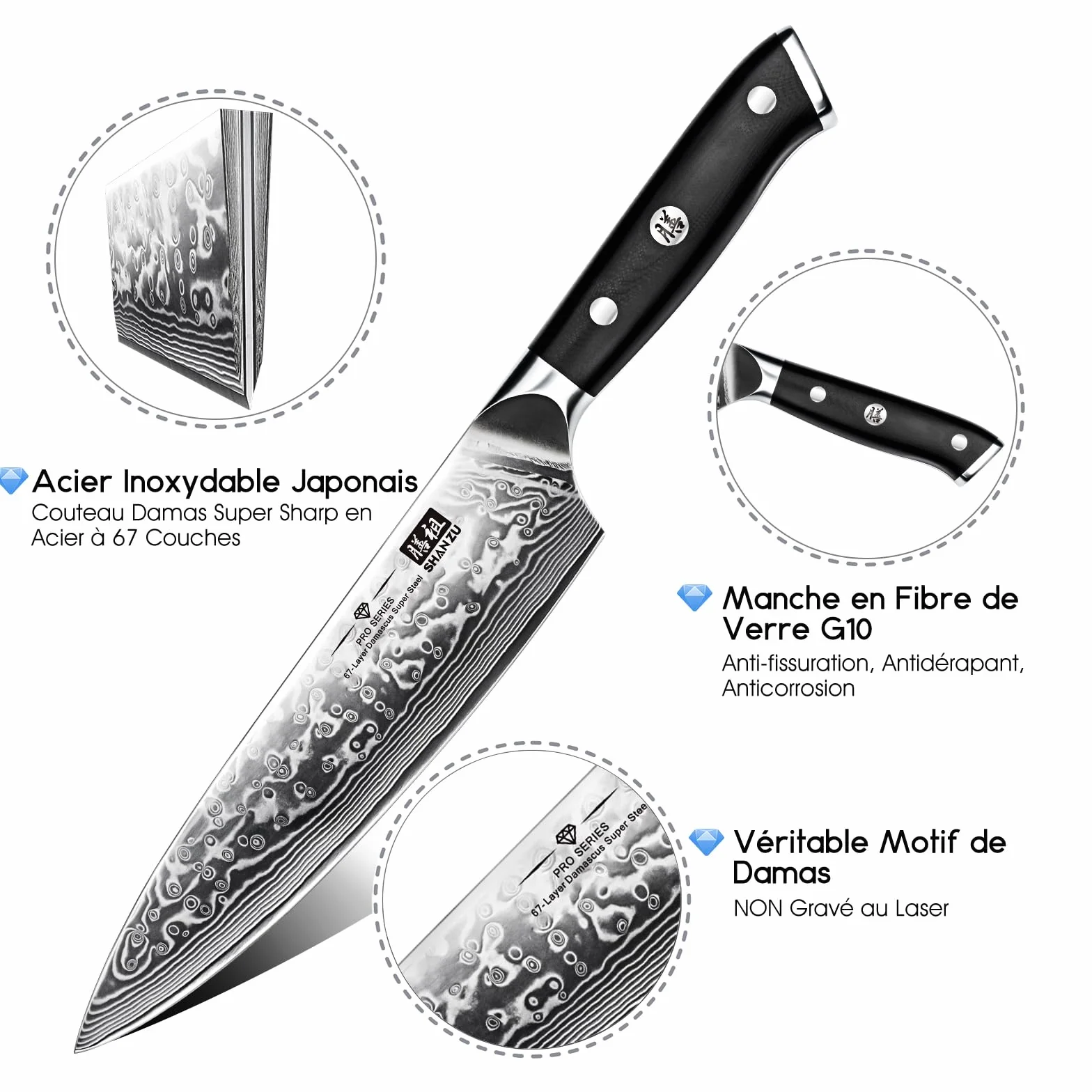 SHAN ZU Couteau Japonais de Chef 20cm, Couteau Damas Acier Japonais 67 Couches, Poignée G10 PRO Series