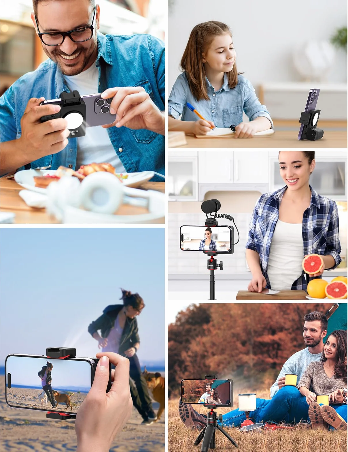 ULANZI CG-02 uchwyt do smartfona, ulepszony uchwyt aparatu do telefonu z pilotem migawki, ręczny uchwyt na statywie, światło wypełniające, akcesoria fotograficzne do iPhone'a 15, 14 Pro Max itp