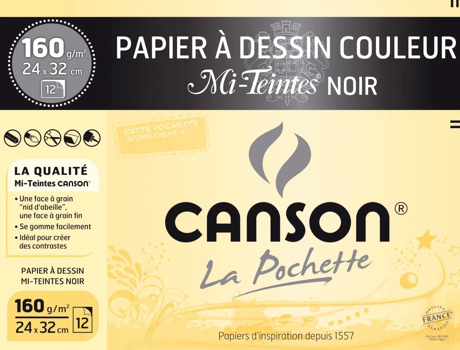 CANSON Mi-Teintes Pochette 12 feuilles papier dessin noir 24x32 160g/m²
