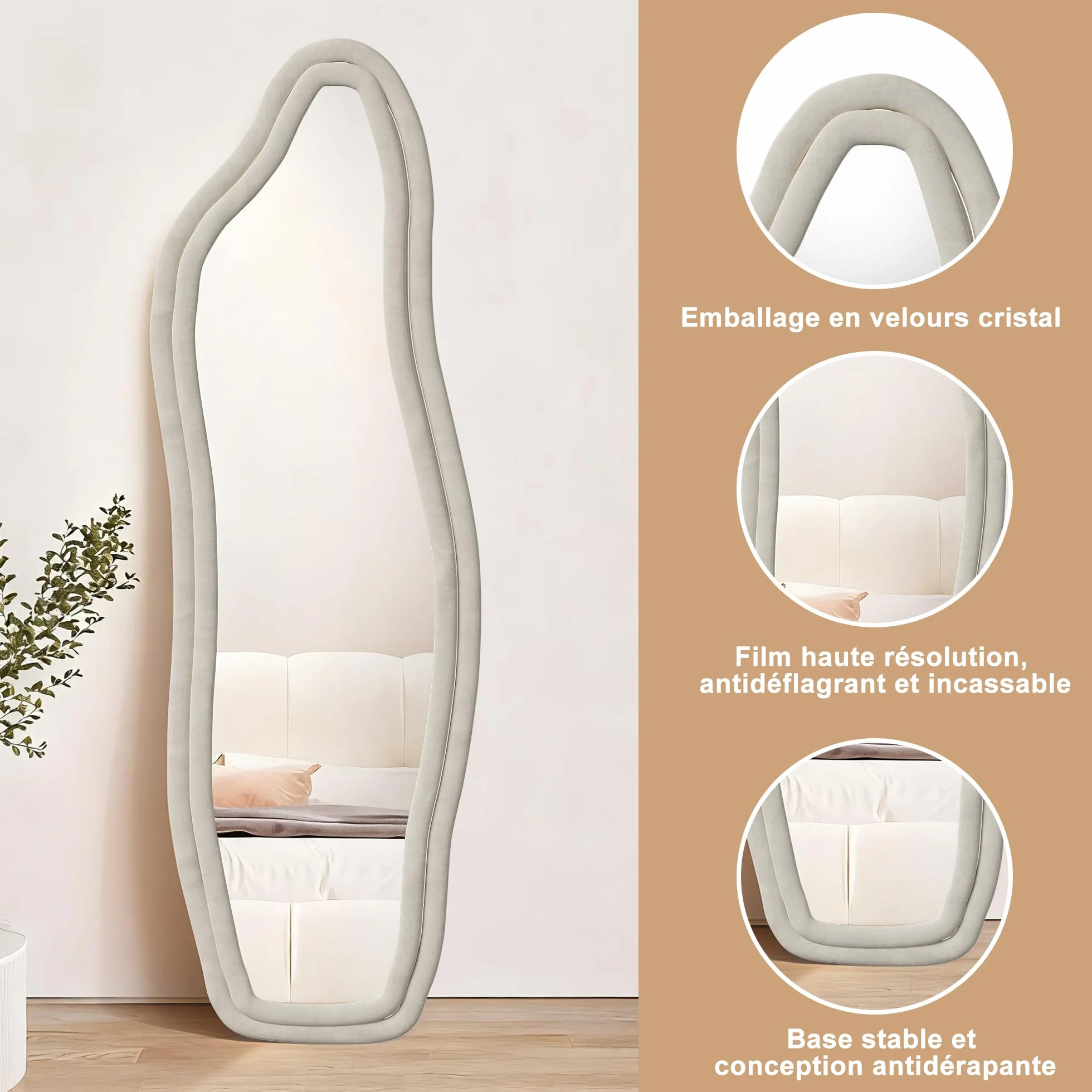 Miroir sur Pied 160 x 50cm Blanc Vague Bordure Velours Suspendable Chambre