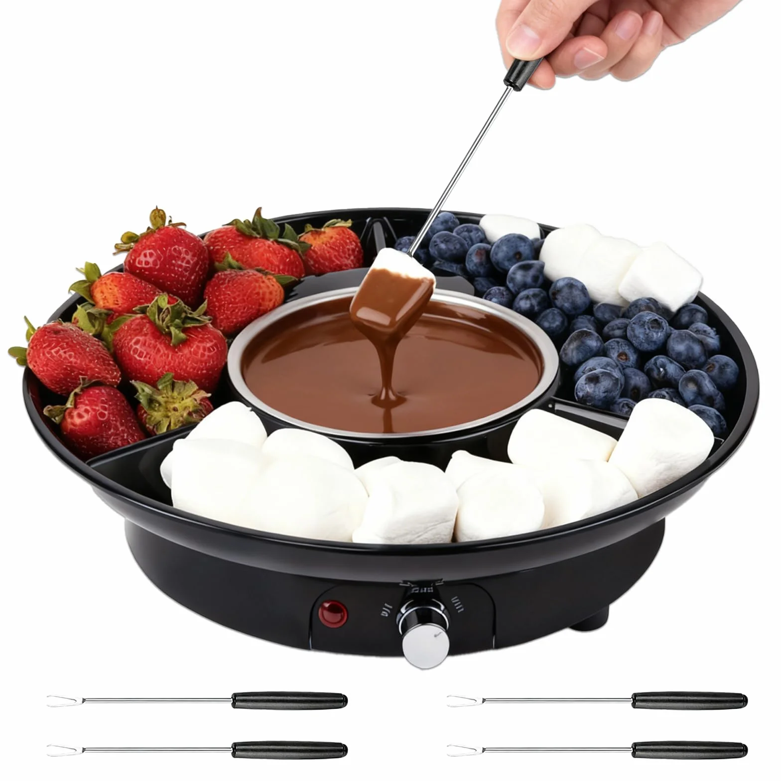 Set à Fondue au Chocolat Électrique, Pot à Chocolat 280 ml avec 2 Niveaux de Température, Casserole en Aluminium Amovible, Plateau de Service et 4 Fourchettes, Idéal pour Soirées Romantiques