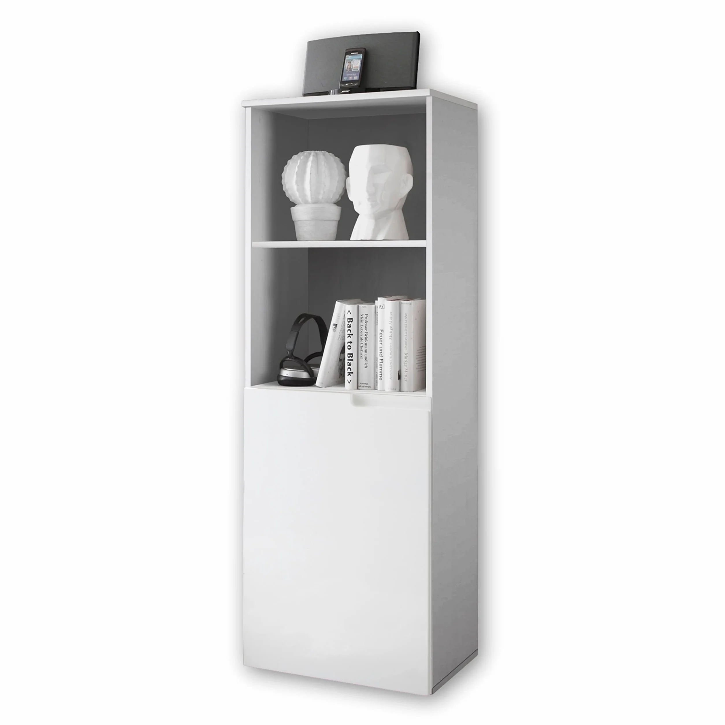 Stella Trading SPICE Meuble rangement bureau blanc brillant Armoire 2 compartiments ouverts Mobilier bureau moderne 50 x 145 x 35 cm