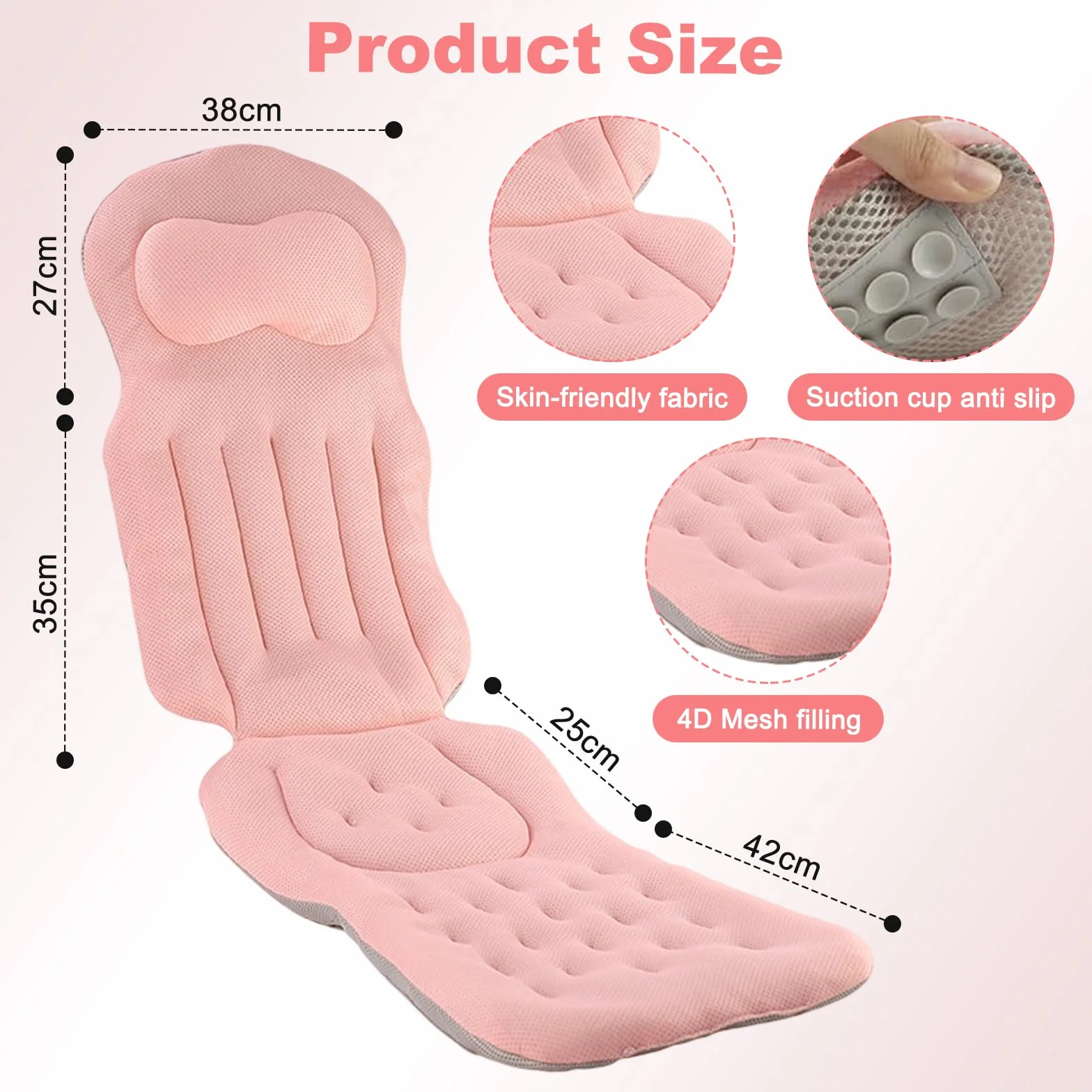 Coussin de bain complet pour la baignoire, tapis de bain épais avec appui-tête, soutient la nuque, le dos et les jambes, coussin de bain avec ventouses et crochets de suspension (rose)