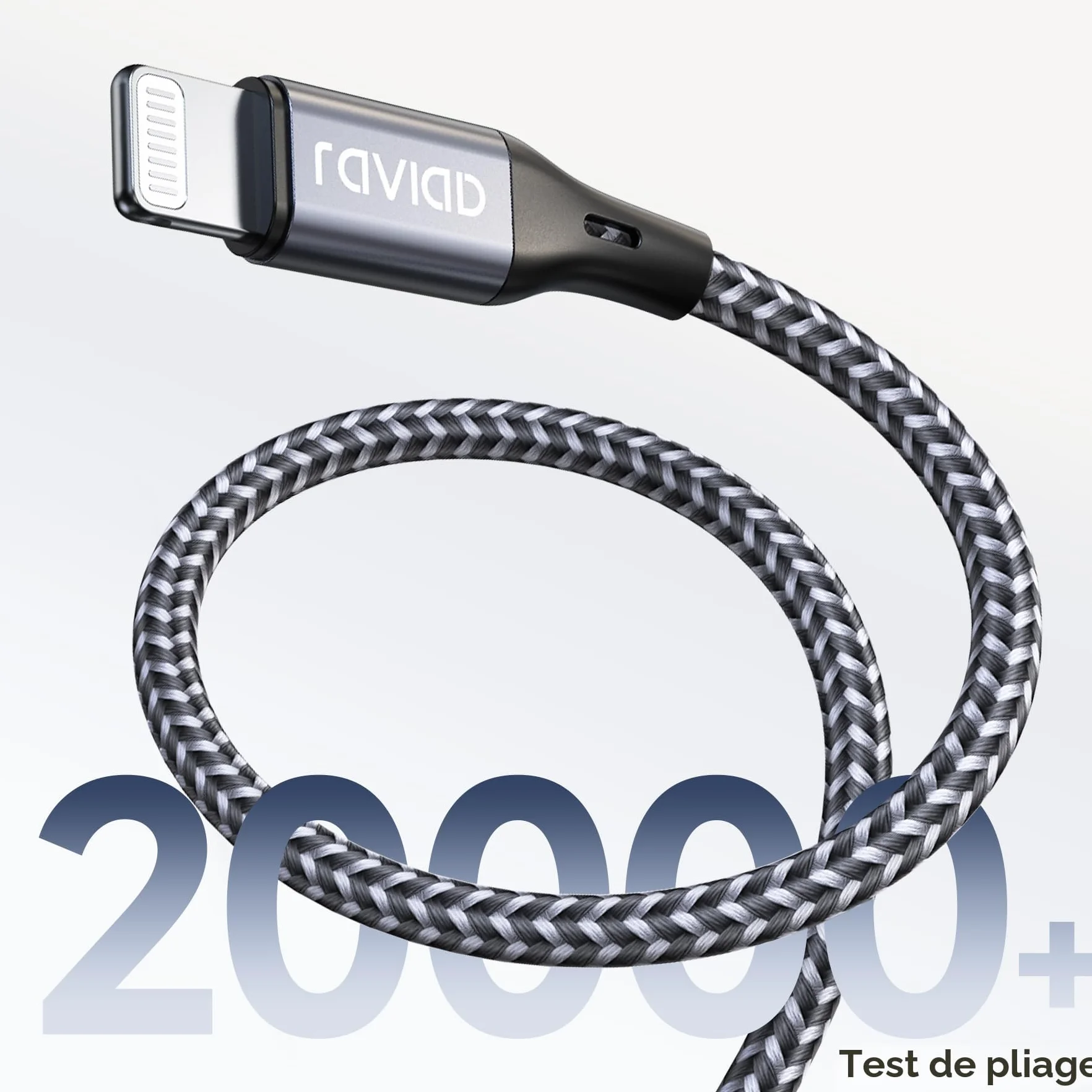 RAVIAD Câble iPhone Chargeur MFi Lightning Nylon Tressé 1.2m Gris