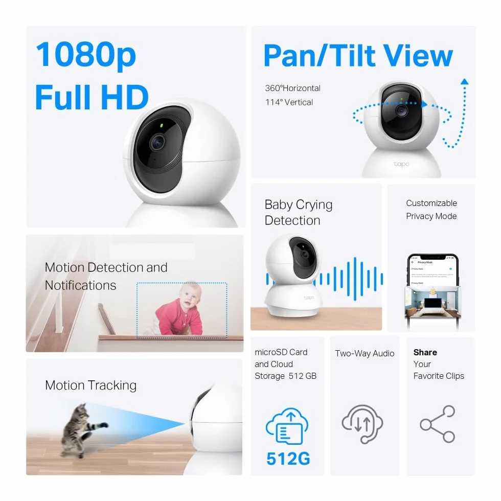 TP-Link Tapo C200C | Obrotowa kamera Wi-Fi do monitoringu domowego 1080p | Tryb nocny i detekcja ruchu | Dwukierunkowe audio | Lokalny zapis na microSD do 128 GB | Kompatybilna z Alexa i Google Home