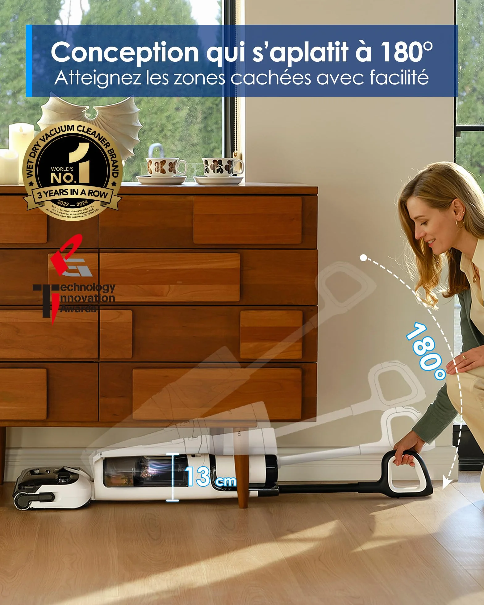 Tineco Floor One Stretch S6 Aspirateur Laveur, Sec et Humide Intelligent, 180° Plat, 70℃ Flashdry 5 Min, 40 Min Autonomie