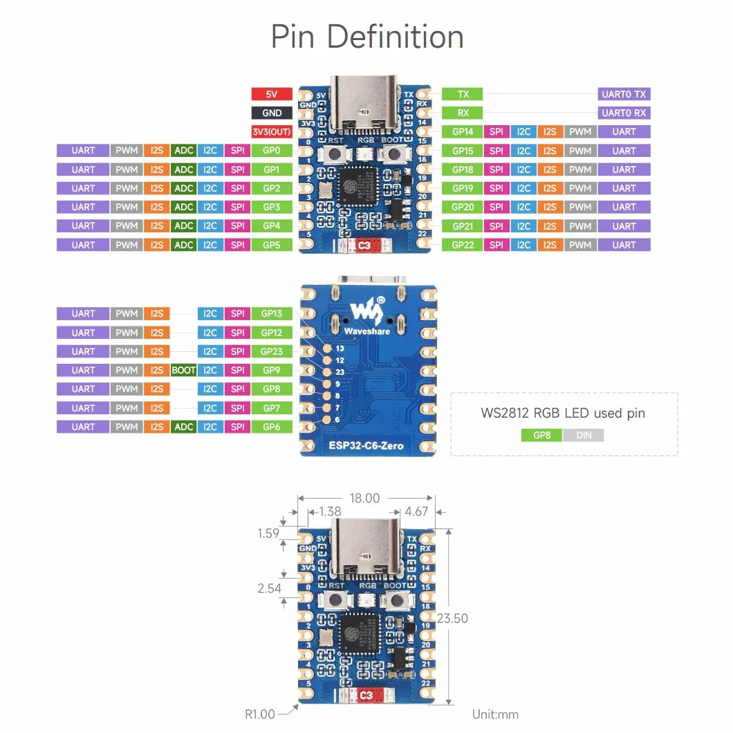 Waveshare ESP32-C6-Zero ESP32-C6 Mini Development Board 2 PCS Based on ESP32-C6FH8 Dual Processors 160MHz 2.4GHz WiFi 6 BT5