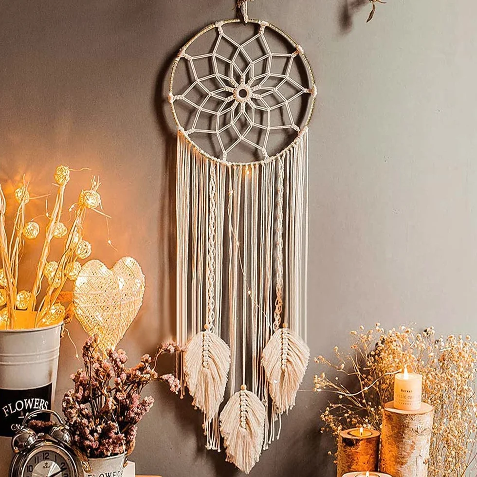 Attrape-rêves en macramé Décoration murale Art mural tissé à la main bohème Cercle métallique Beige