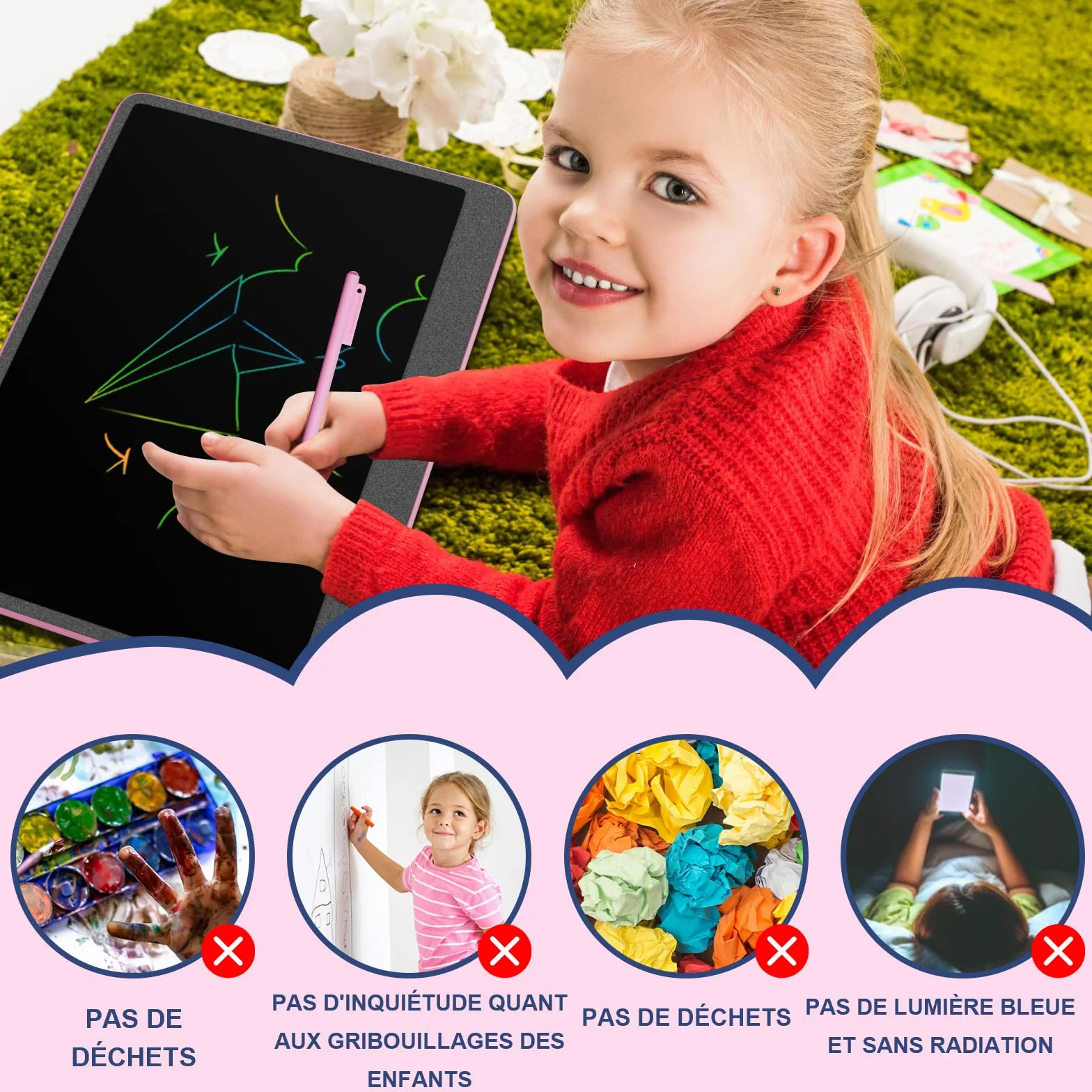 Electight Tablette d'Écriture LCD 16 Pouces, Ardoise Colorée pour Enfants, Cadeau Éducatif 2-7 Ans, Rose