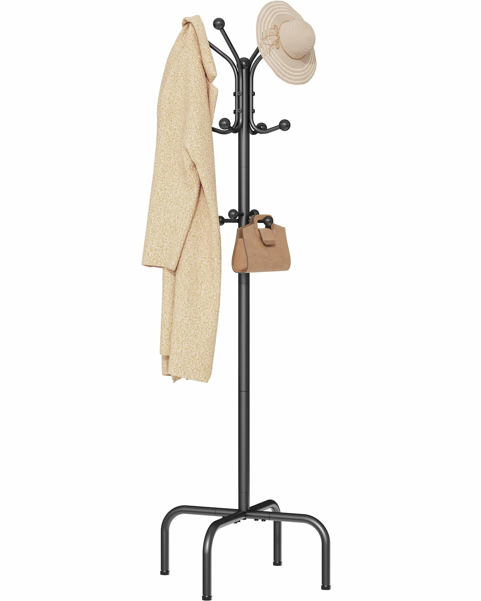 Hoctieon porte manteau sur pieds, porte-manteau bois d'entrée avec 12 crochets, porte-manteau en métal, porte-manteau robuste, arbre à manteau autoportant, Sécurisé aux quatre coins, noir