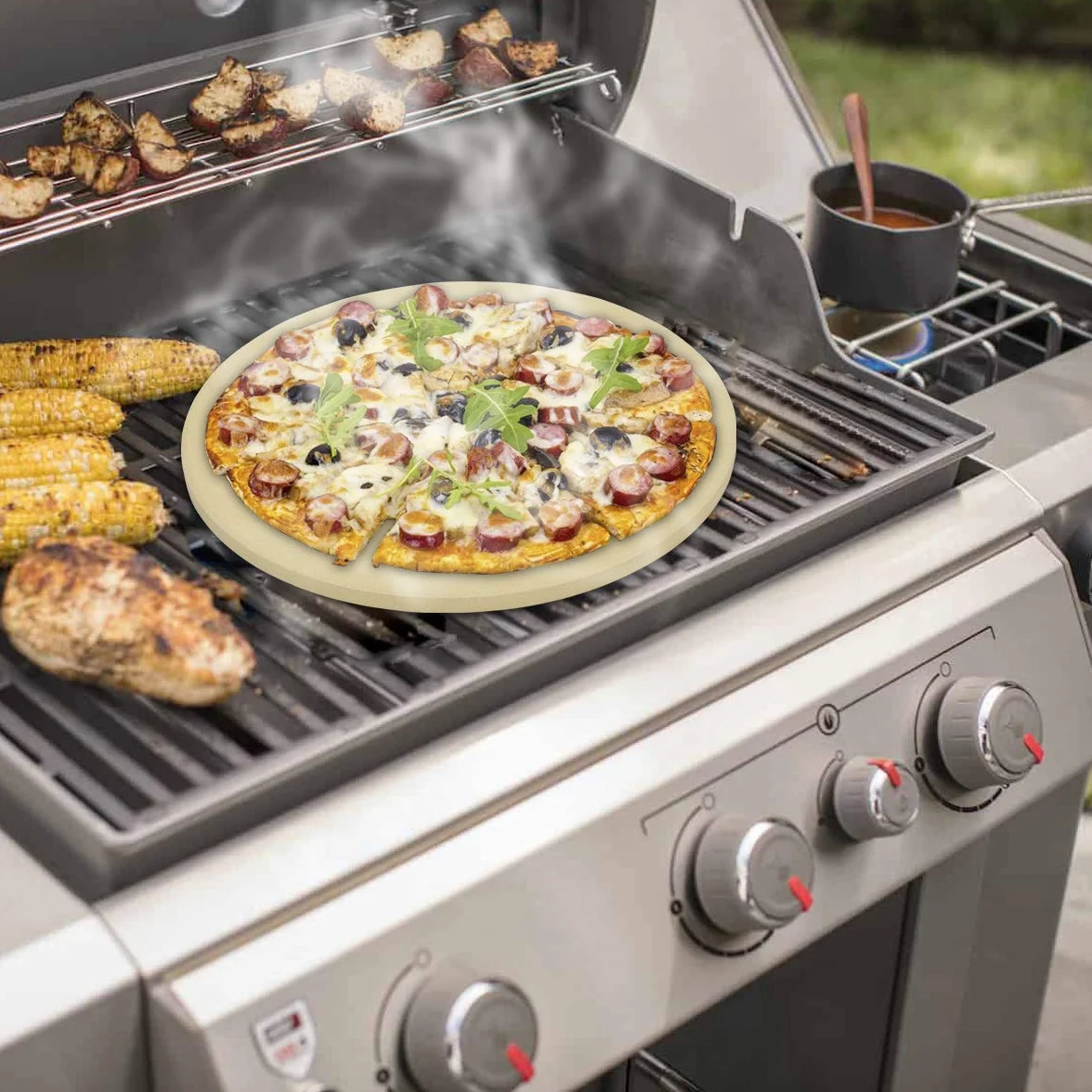 onlyfire 37.6 cm Pierre à Pizza Ronde en Cordiérite pour Four à Pizza et Barbecue, Chauffage Rapide, Planche à Pizza Réfractaire
