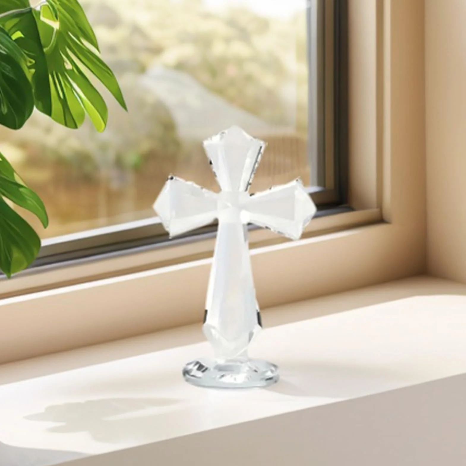 Croix en cristal 15,2 cm – Sculpture chrétienne de table, verre à facettes, design 360°, crucifix de bureau