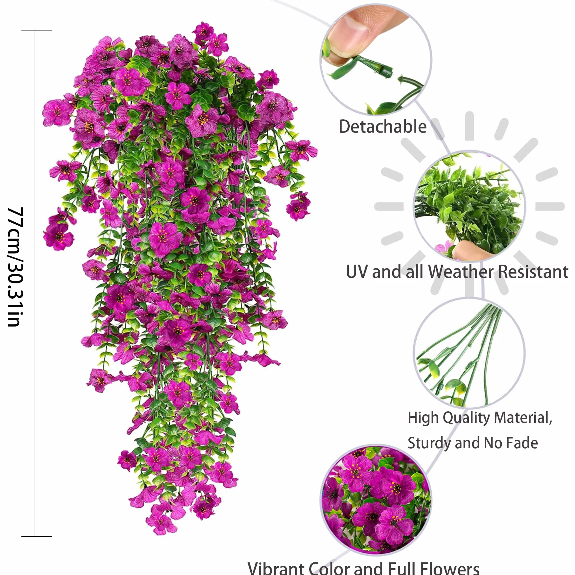 Fleurs Artificielles Suspendues Résistant aux UV 77cm Violet Lot de 4