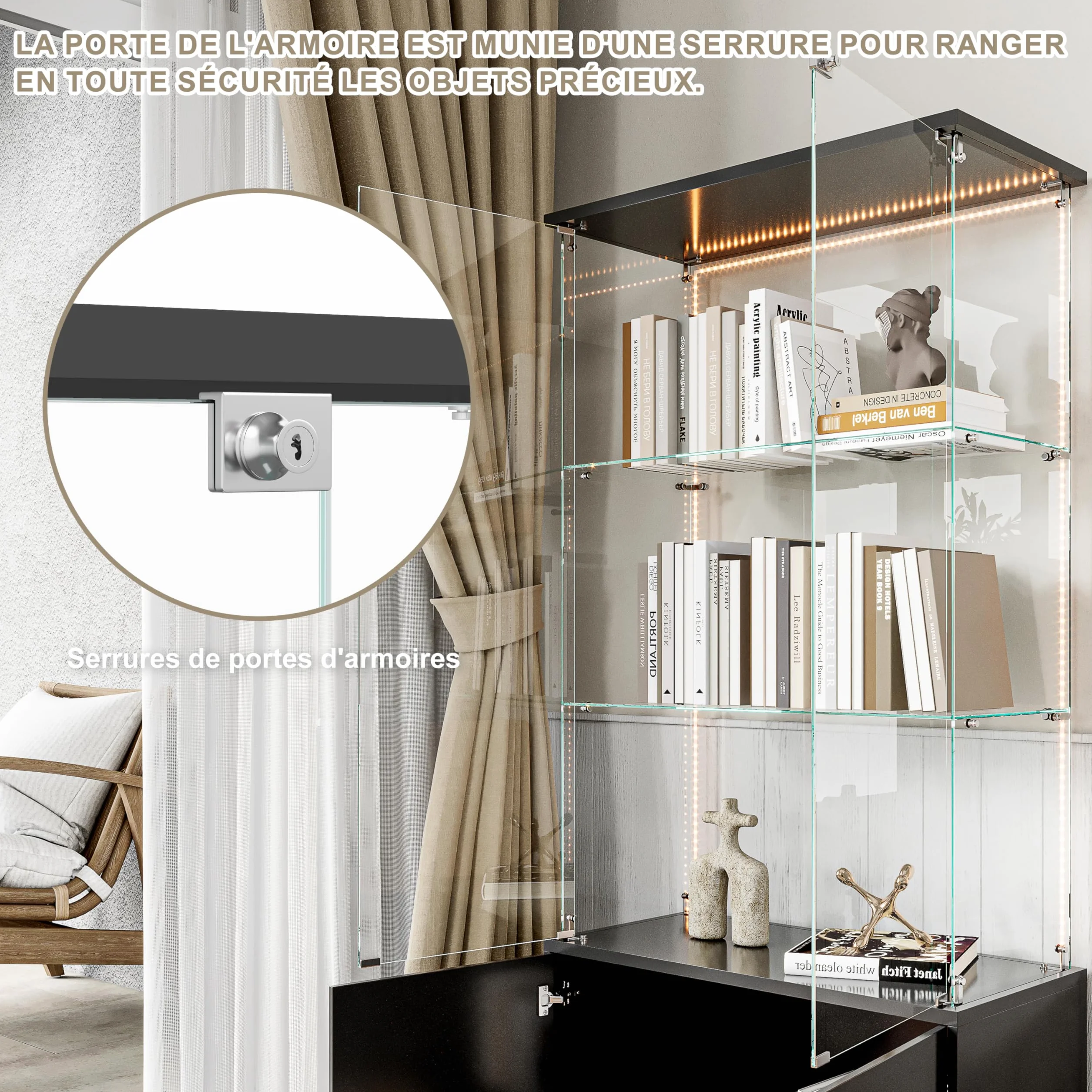 Vitrine en Verre avec 3 étagères et LED, Vitrine en verre sur pied avec 2 Portes et Base de Casier, Meuble Vitrine Verre pour Collection, pour Salon, Chambre, 78.5x35x164 cm (Noir + Bande LED)