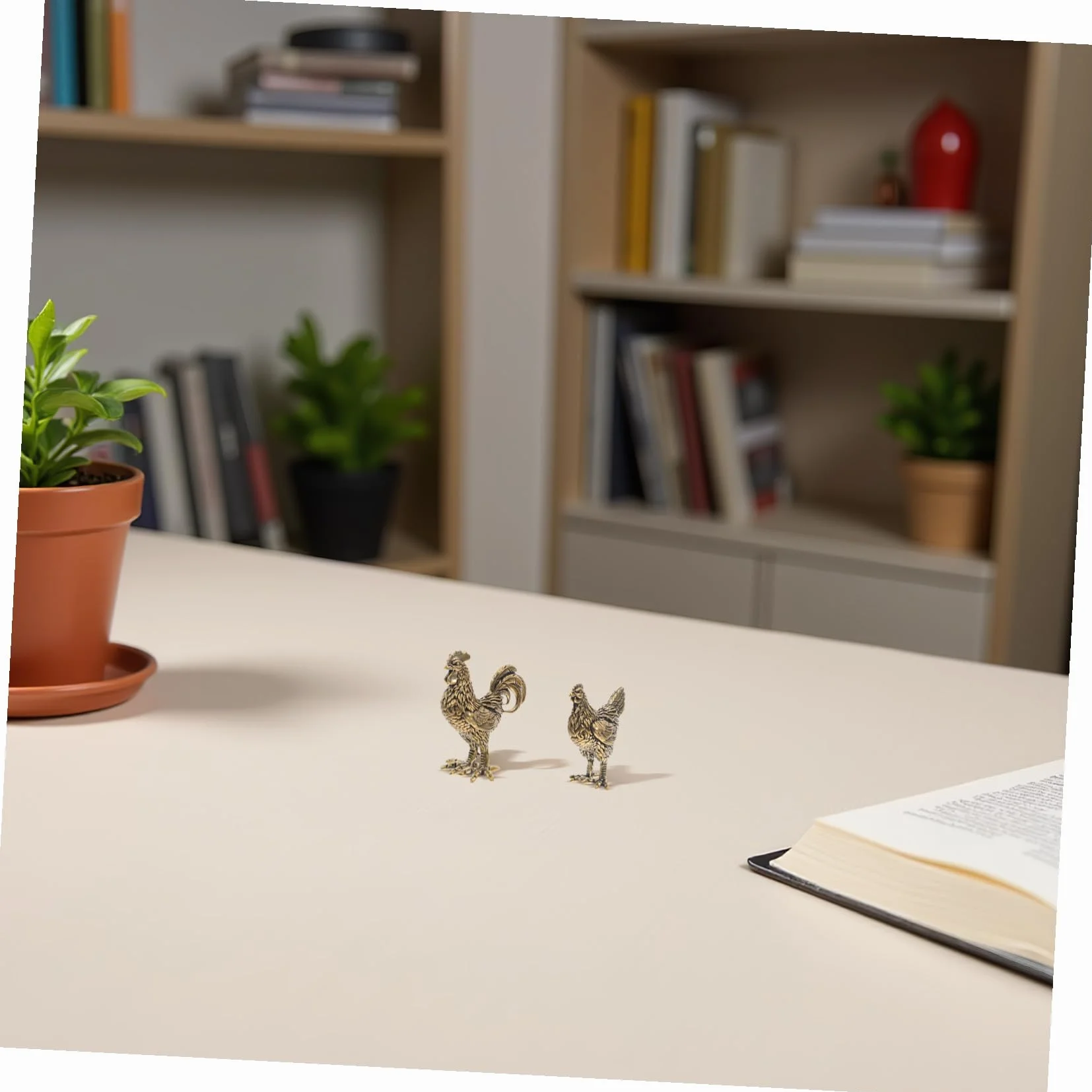 Lot de 2 figurines décoratives Feng Shui Coq et Poule en cuivre porte-bonheur