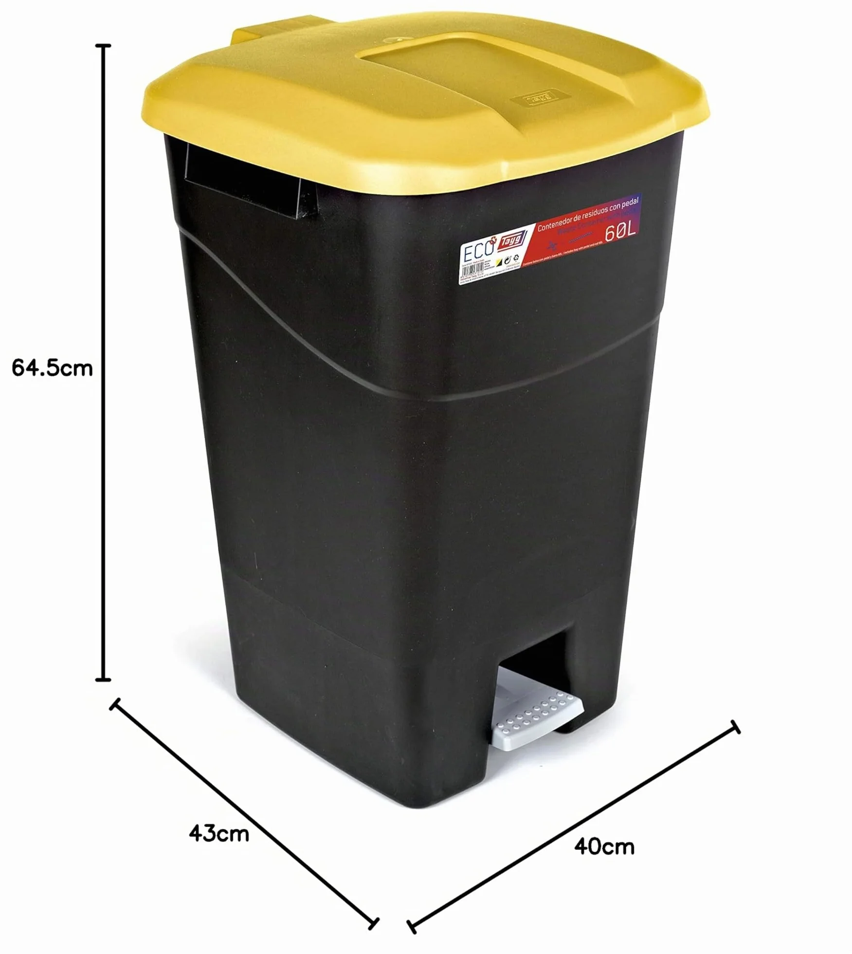 Poubelle 60 litres avec pédale noire et jaune plastique Tayg