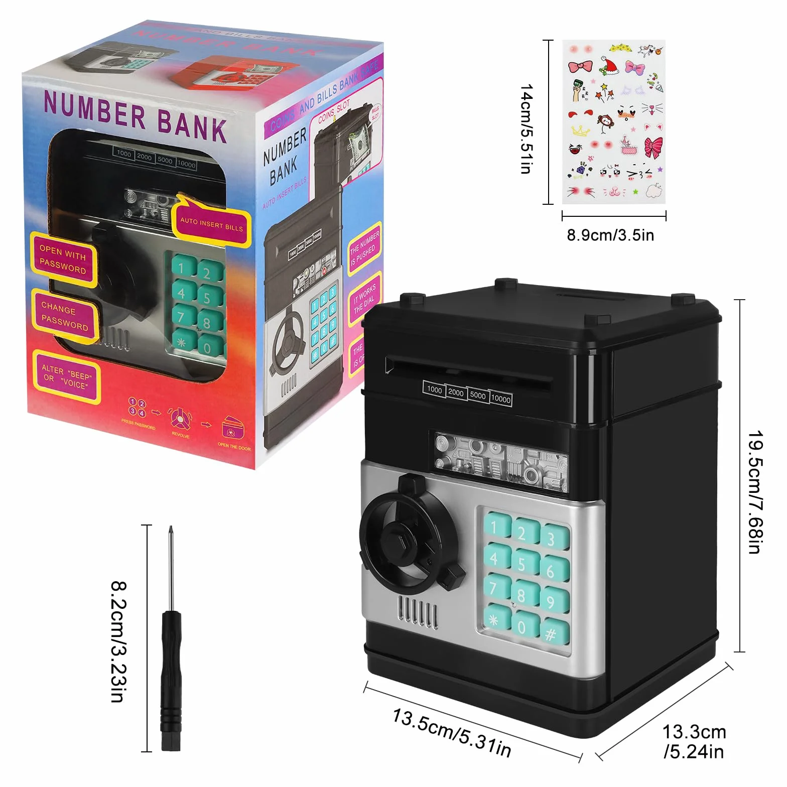 Tirelire électronique numérique ATM avec mot de passe, billets acceptés, cadeau pour enfants 3-12 ans noir