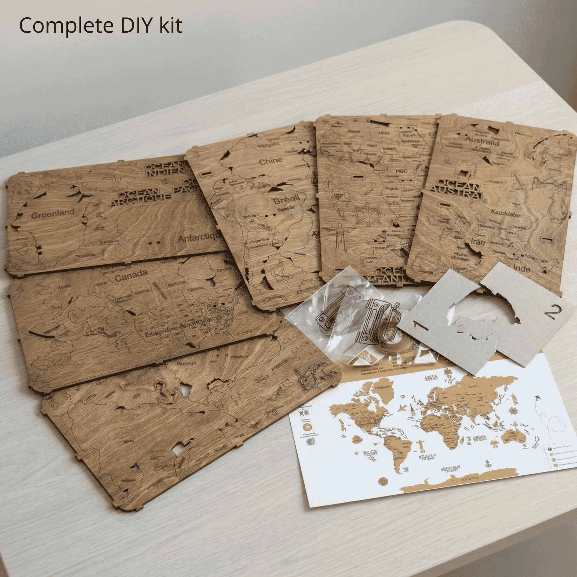 Carte du Monde Murale en Bois 2D – Mappemonde Bois Décorative | Planisphère Mural | Wooden World Map | Décoration Murale Salon Bureau | Idée Cadeau Voyageur (Dark, 100L x 70l cm)