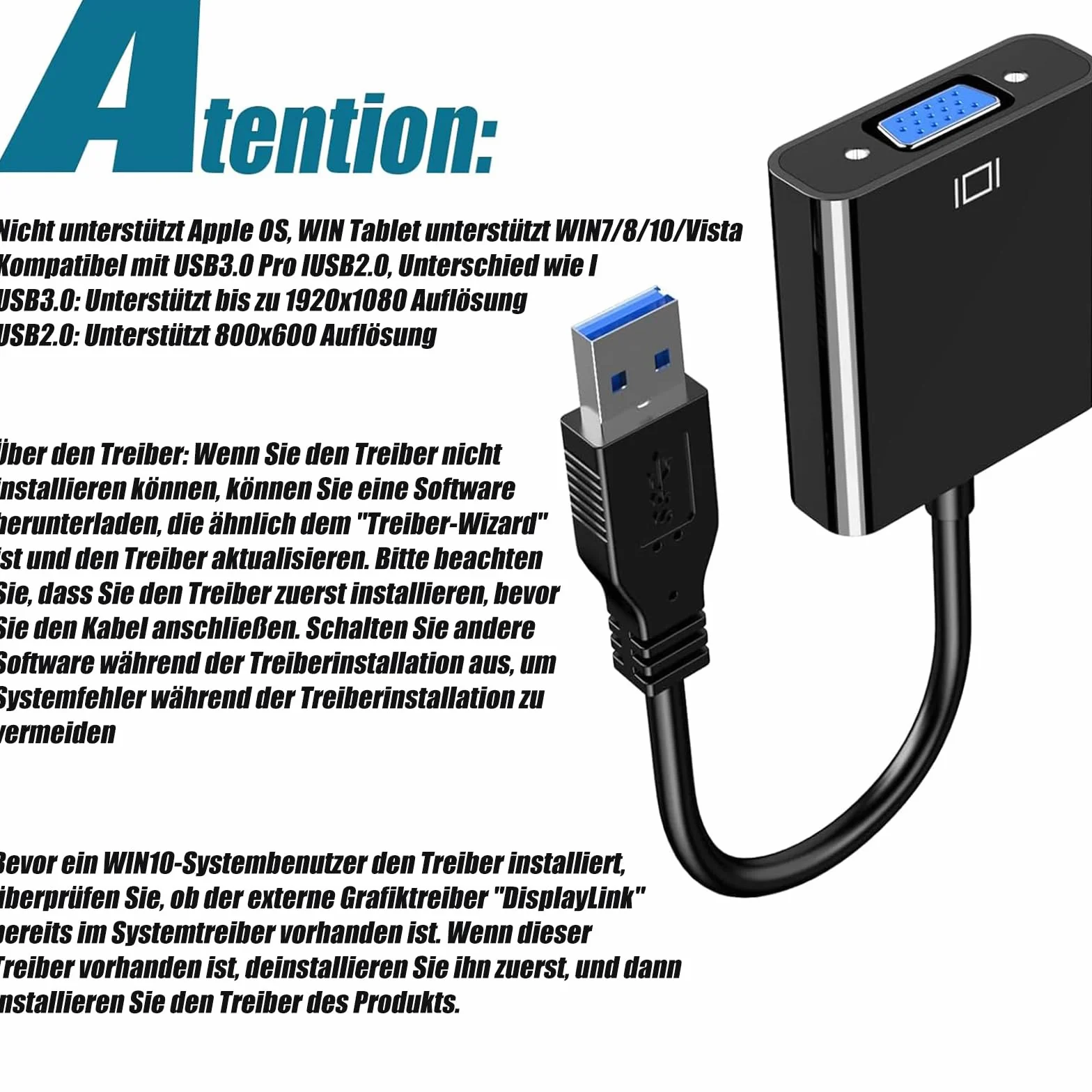 GERUI Adapter USB na VGA, konwerter USB 3.0/2.0 na VGA, HD 1080p, wideo, kabel graficzny, konwerter do komputera, laptopa, HDTV, kompatybilny z Windows XP/7/8/8.1/10