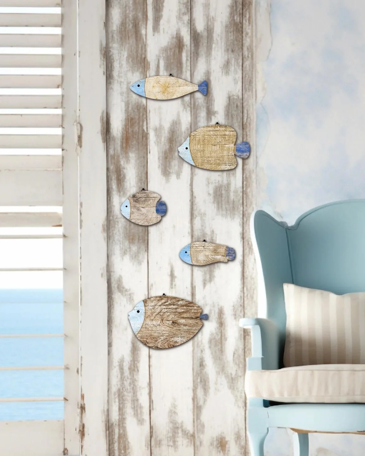 Décoration Murale Poissons Bois, Lot de 5 Silhouettes Style Bord de Mer, Teintes Bleu Naturel, Déco Marine Maison