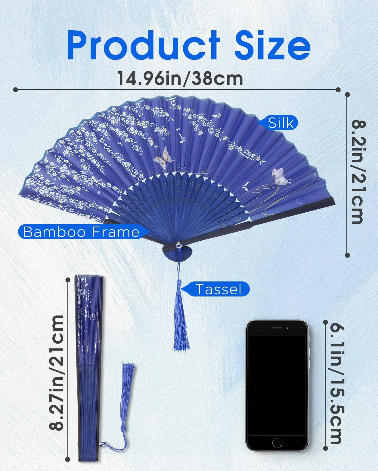 Éventails Pliants à Main avec Frange, Ventilateur Portable pour Fête Mariage Danse, Cadeau pour Dame et Homme (Noir et Bleu)