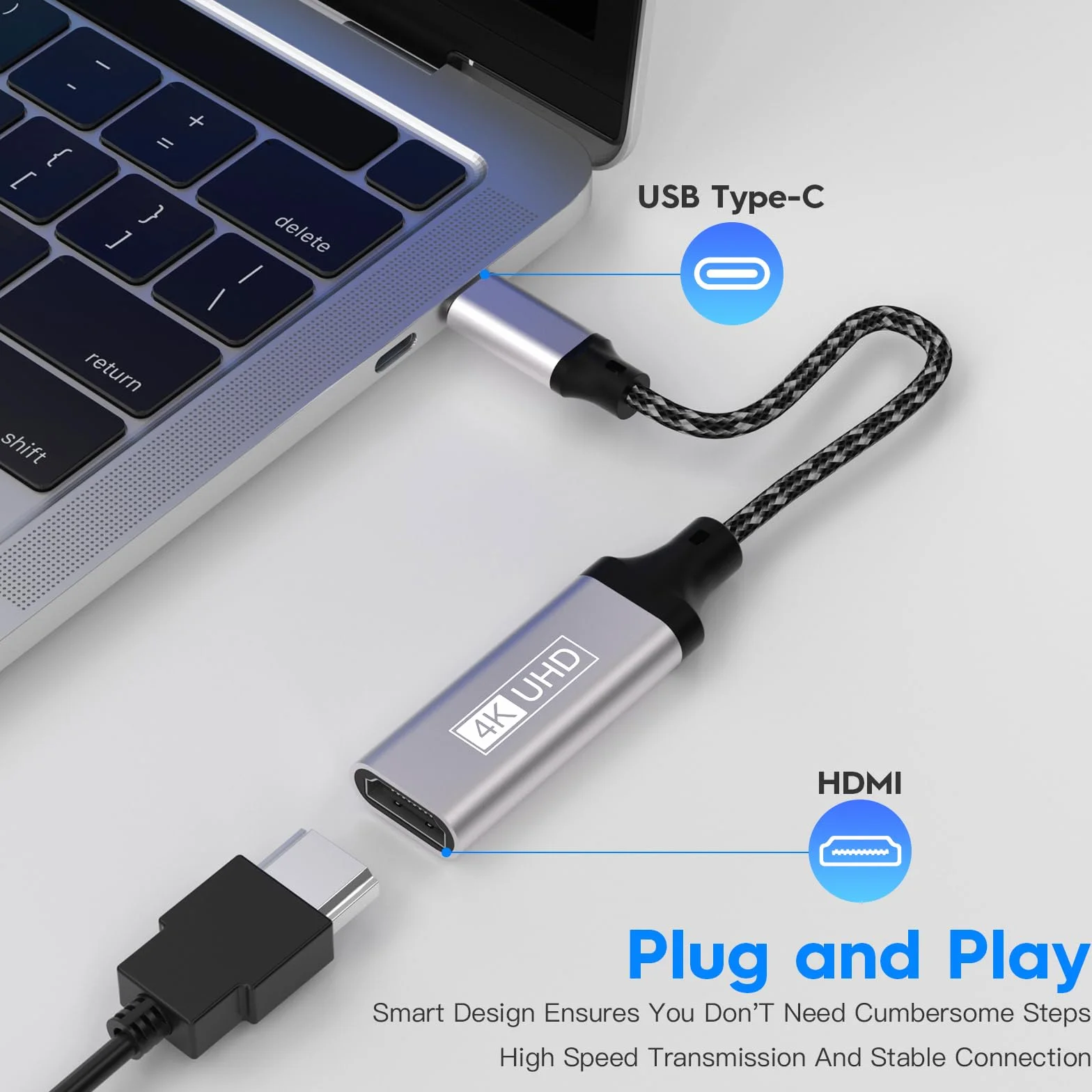 Adaptateur USB C vers HDMI 4K Thunderbolt 3 Compatible iPhone 15 Pro MacBook Pro Air Dell XPS iPad Pro Air Samsung Galaxy Surface Pro Gris