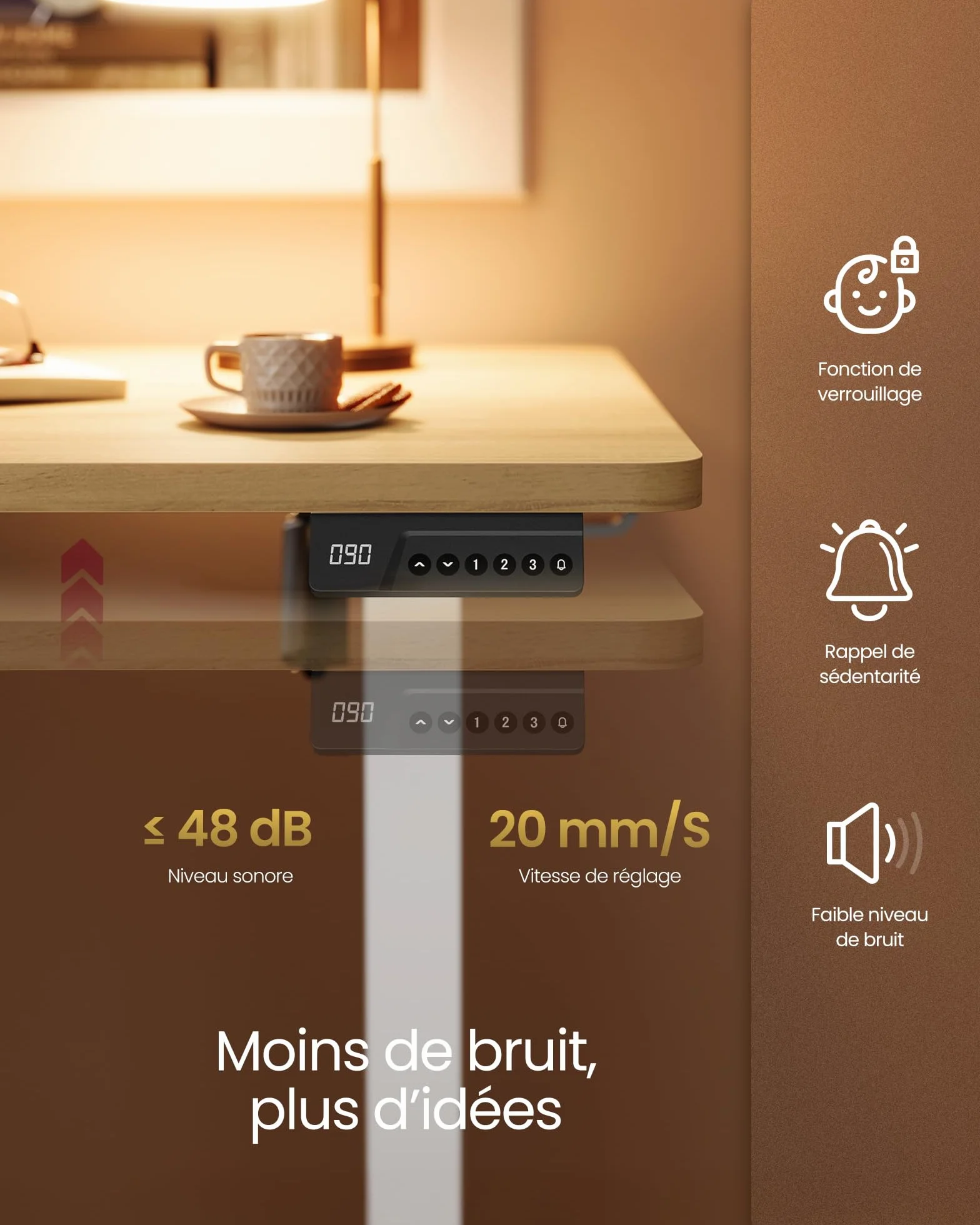 VASAGLE Bureau Électrique Réglable en Hauteur Assis-Debout 100 x 60 cm Doré Chêne LSD310YA03