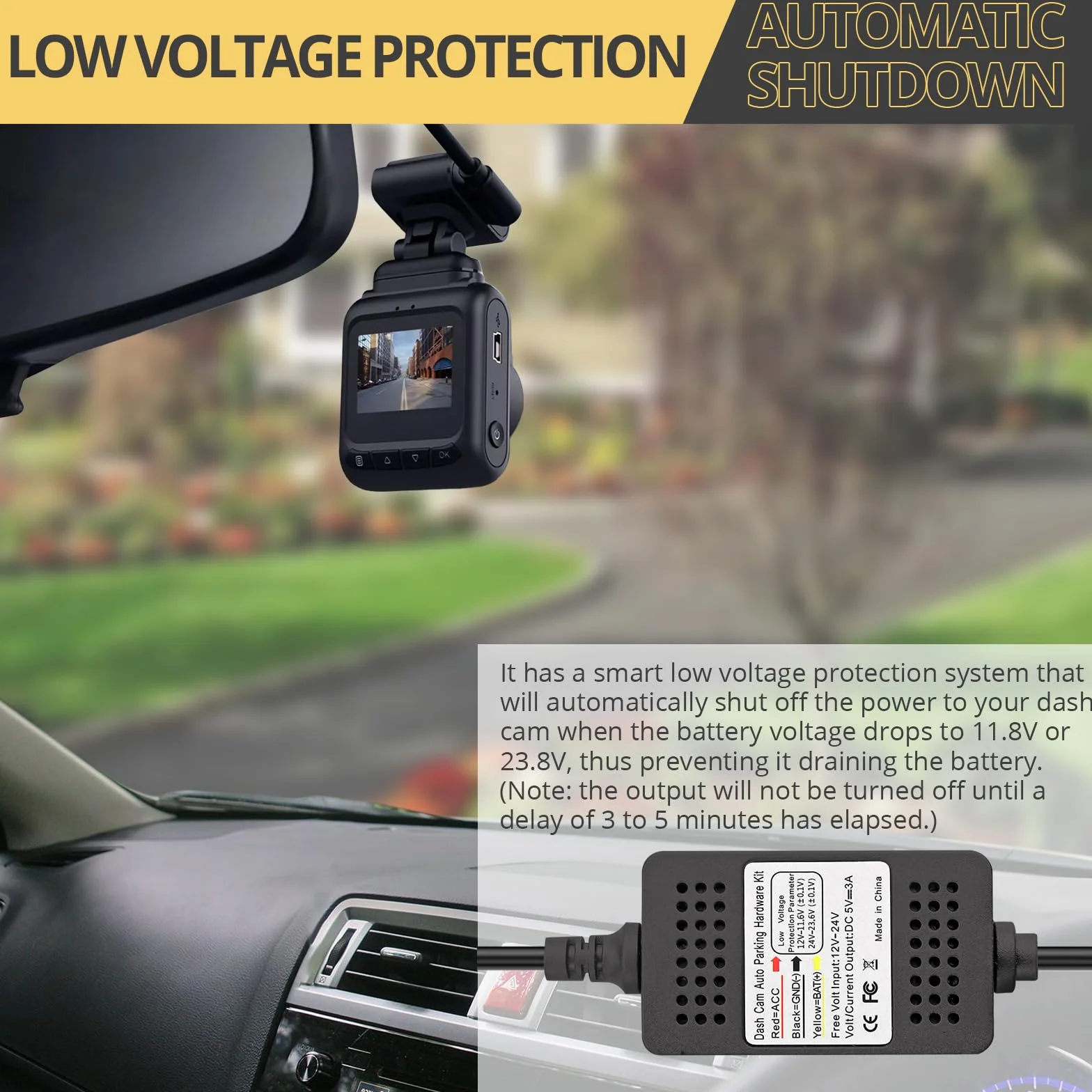 AMTOVL Zestaw Hardwire do aparatu, typ C - USB Dash Cam 3 przewody z bezpiecznikami ACC, ochrona przed niskim napięciem 12 V/24 V do 5 V