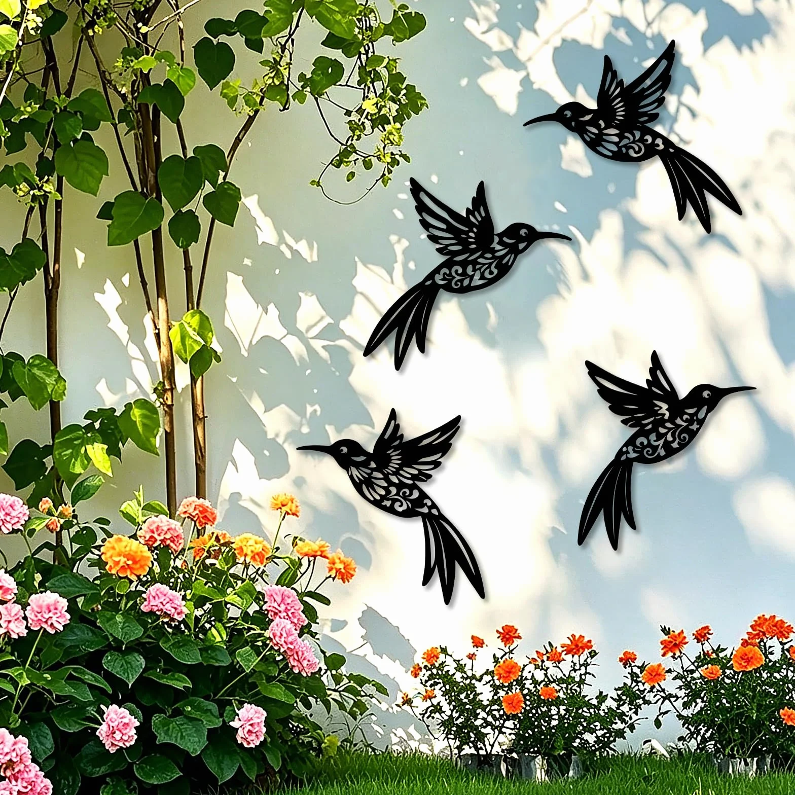 YiYa Lot de 4 Décorations Murales en Métal Colibri Style Boho Rustique Oiseau pour Intérieur Extérieur Noir