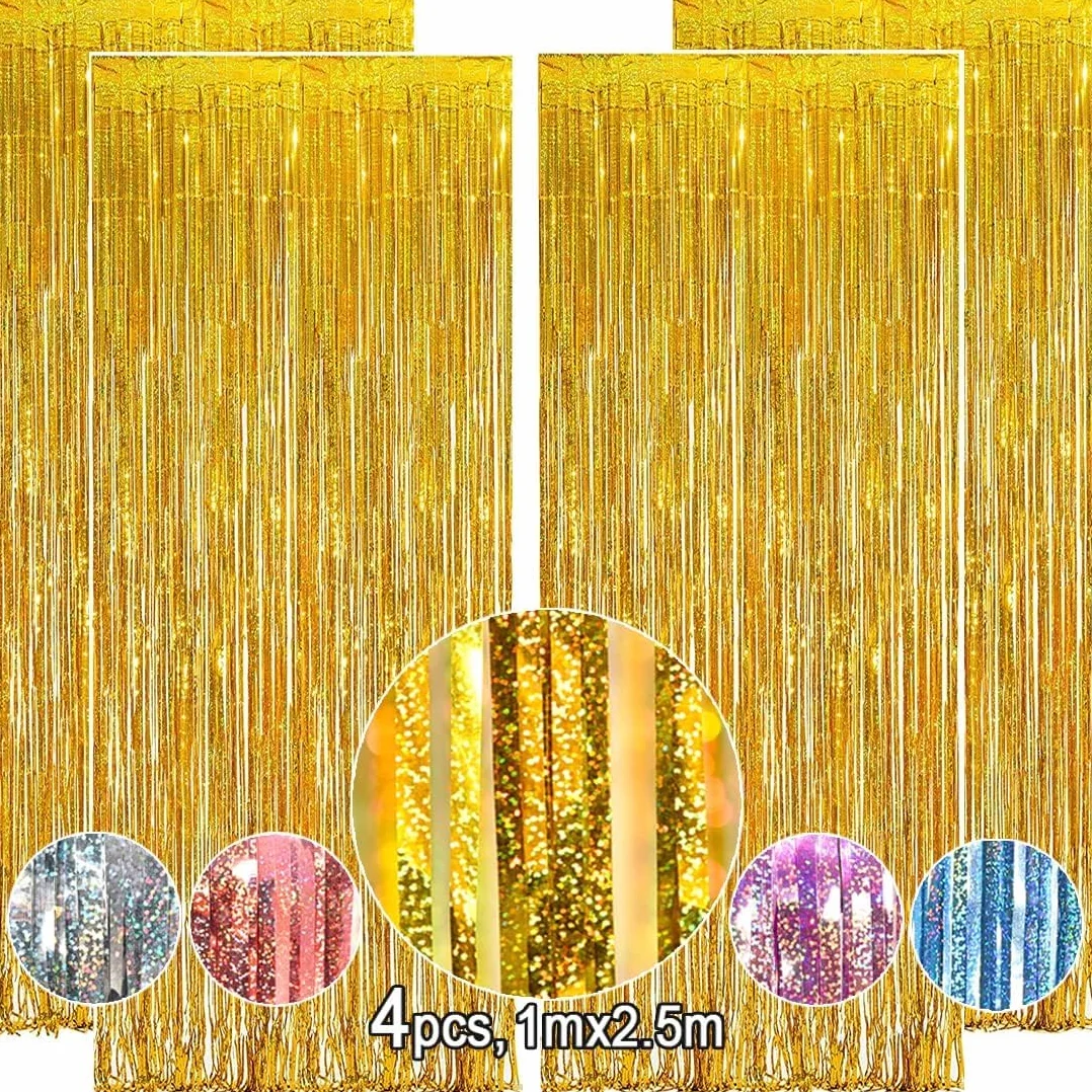 Rideaux à franges en feuille d'aluminium doré 1 x 2,5 m Lot de 4 pour anniversaire mariage Noël