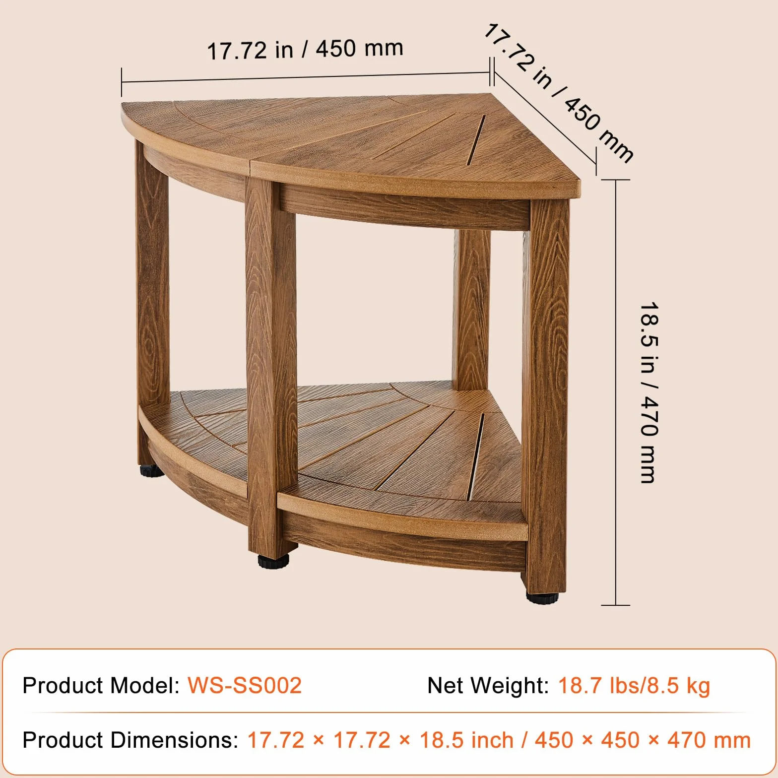 VEVOR Banc de Douche d'angle, 47,7 cm de Hauteur, 45 cm de Rayon, Tabouret de Douche Polystyrène Imitation Bois, Charge 159 kg avec Étagère de Rangement, Résistant à l'eau, pour Salle de Bain