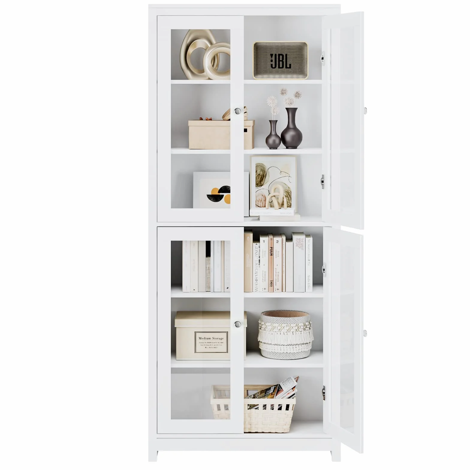 FOREHILL Vitrine en Verre 190cm Armoire Cuisine Haute avec 4 Portes Vitrées Meuble Vitrine Salon Bibliothèque avec 6 étagères de Rangement en Bois Blanc