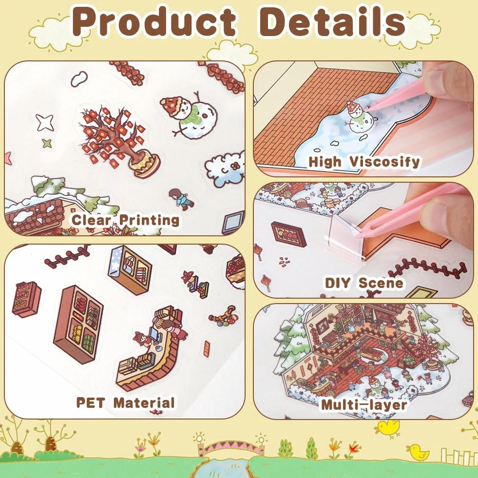 Vicloon Autocollants de Maison 3D, 50 Feuilles DIY Miniature Scène Anti-stress avec Pince