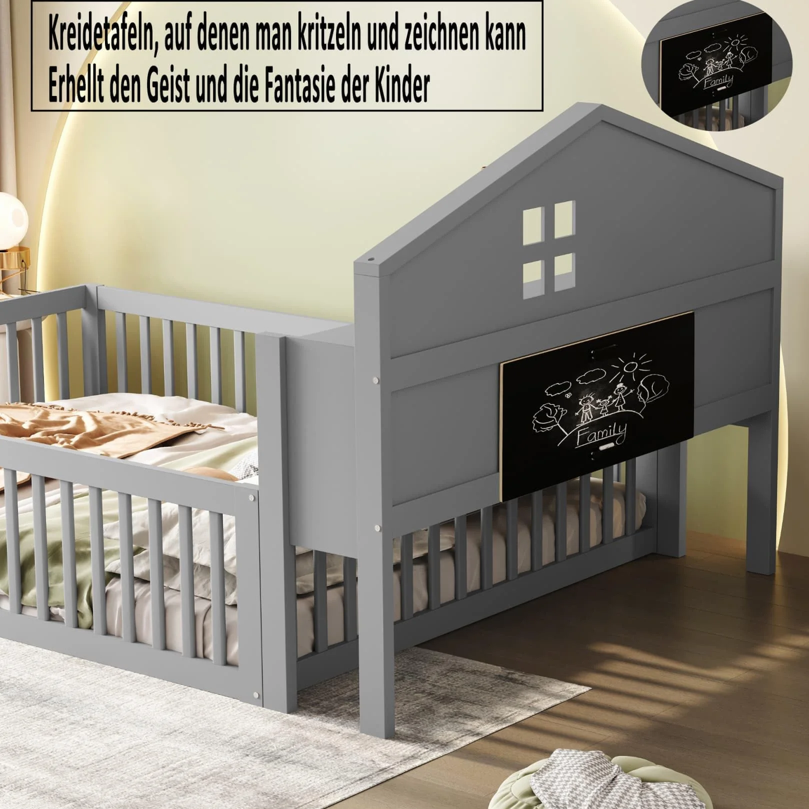 Lit Au Sol Enfant 140x200 avec Rangement-étagère,Tableau Noir,Porte et Barrière de lit Haute,Cadre de Lit Montessori 2 Personnes avec Sommier à Lattes Solide,Pin (Gris, 140x200)
