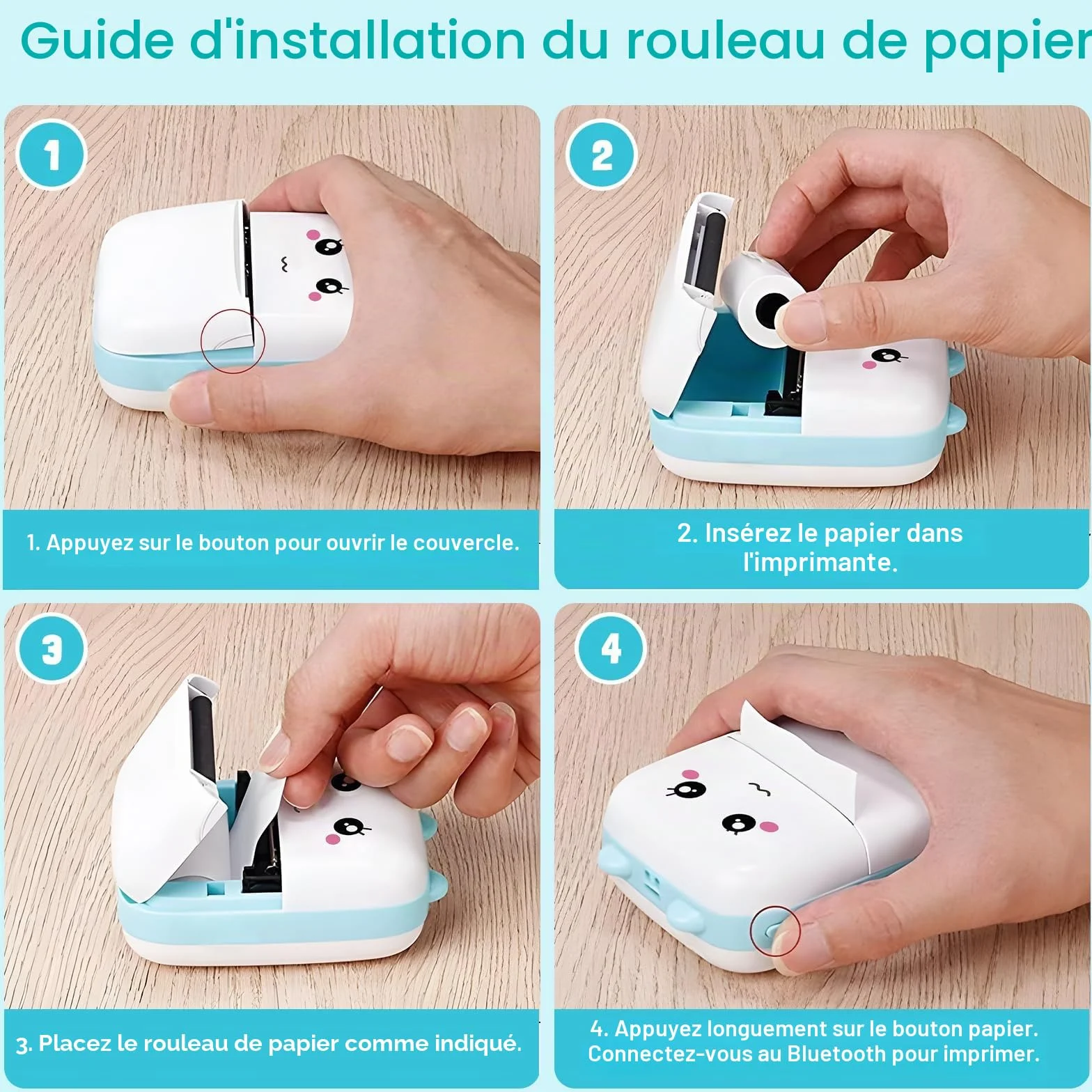 Mini Imprimante Photo Thermique Portable Bluetooth sans Encre iOS Android, Imprimante de Poche Bleu