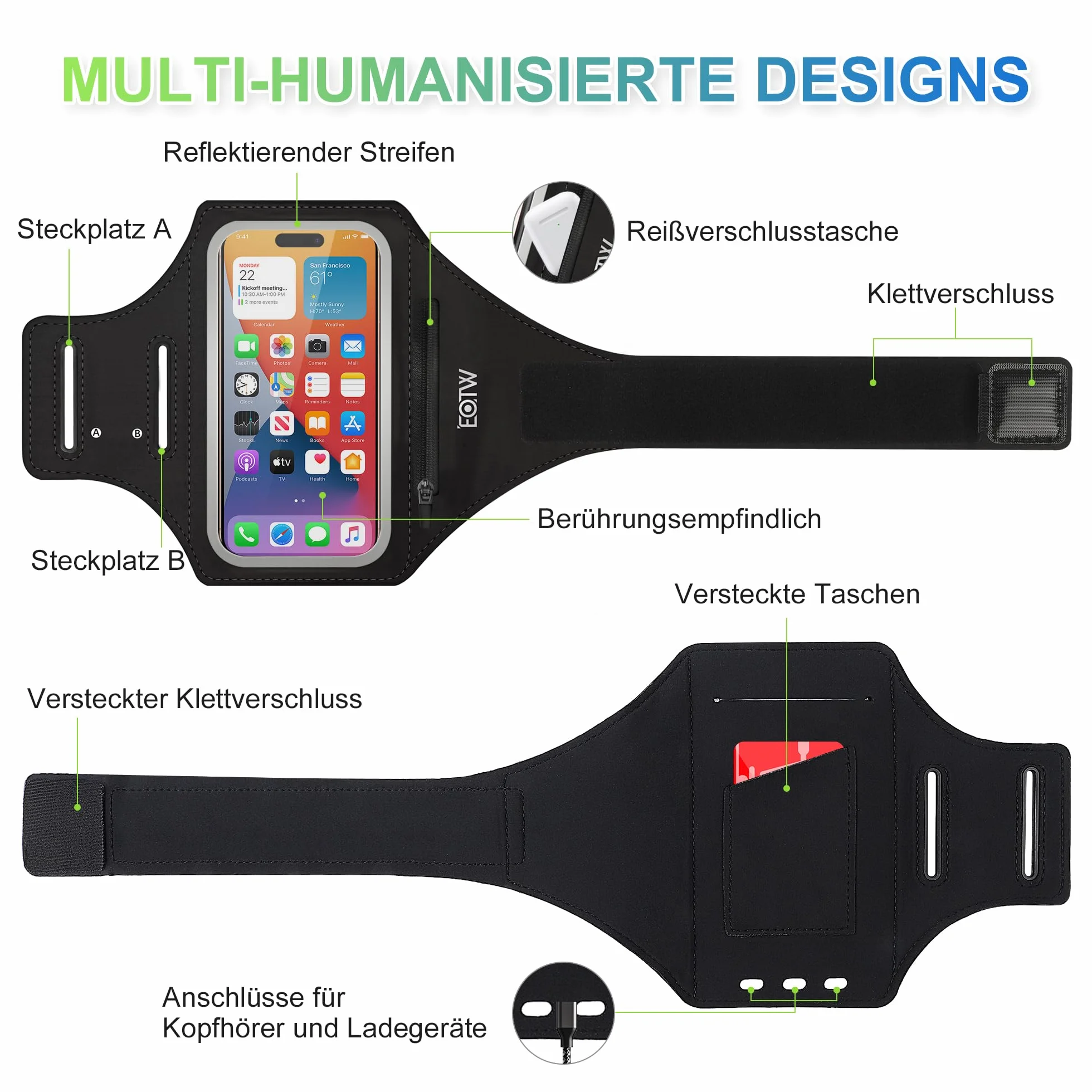 EOTW Joggen sportowa bransoletka – uchwyt na telefon komórkowy z etui Airpods do odtwarzacza MP3/iPhone 16/15/14/13 Pro Max Galaxy S24+/S23+/S22/S21 (6,0" ~ 6,7")