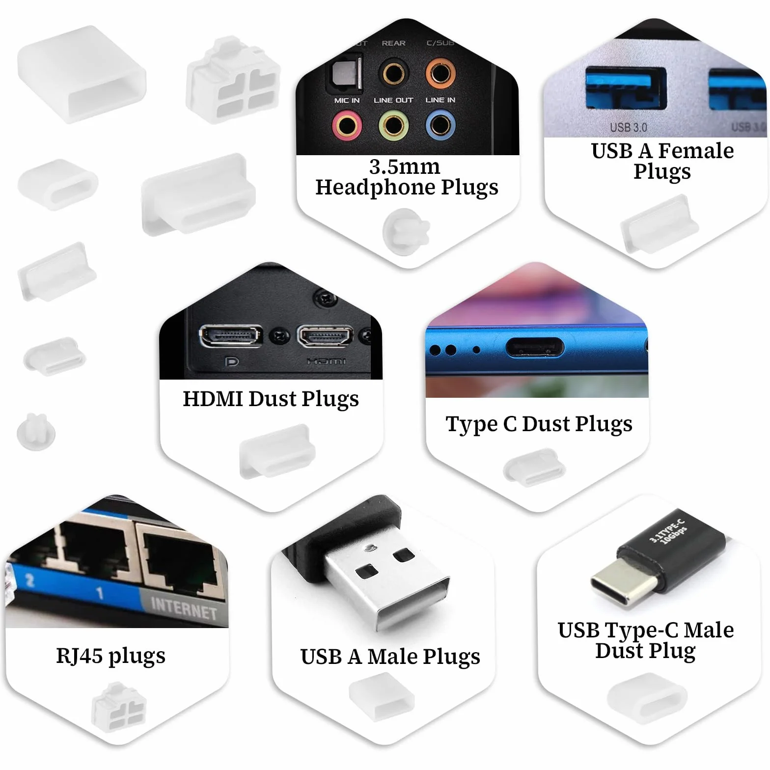 50 sztuk, 7 rodzajów nasadek ochronnych USB, silikonowe, ochrona przed kurzem USB A, port USB-C, ochrona przed kurzem, do USB A, żeńskie/męskie, słuchawki typu C, słuchawki 3,5 mm, HDMI