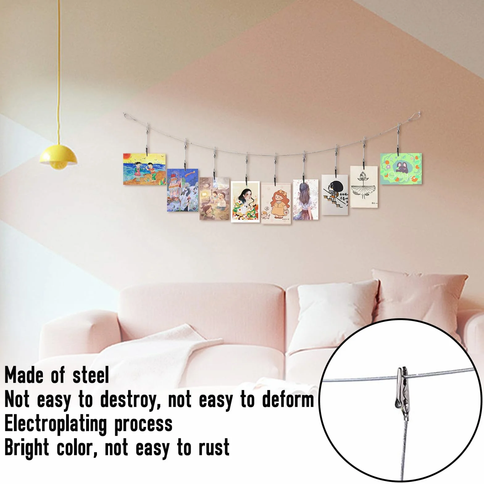 Clip Photo Fil Métallique 12 Pièces Pince Crocodile 160 cm x 2 mm Câble Acier de Suspension Réglable